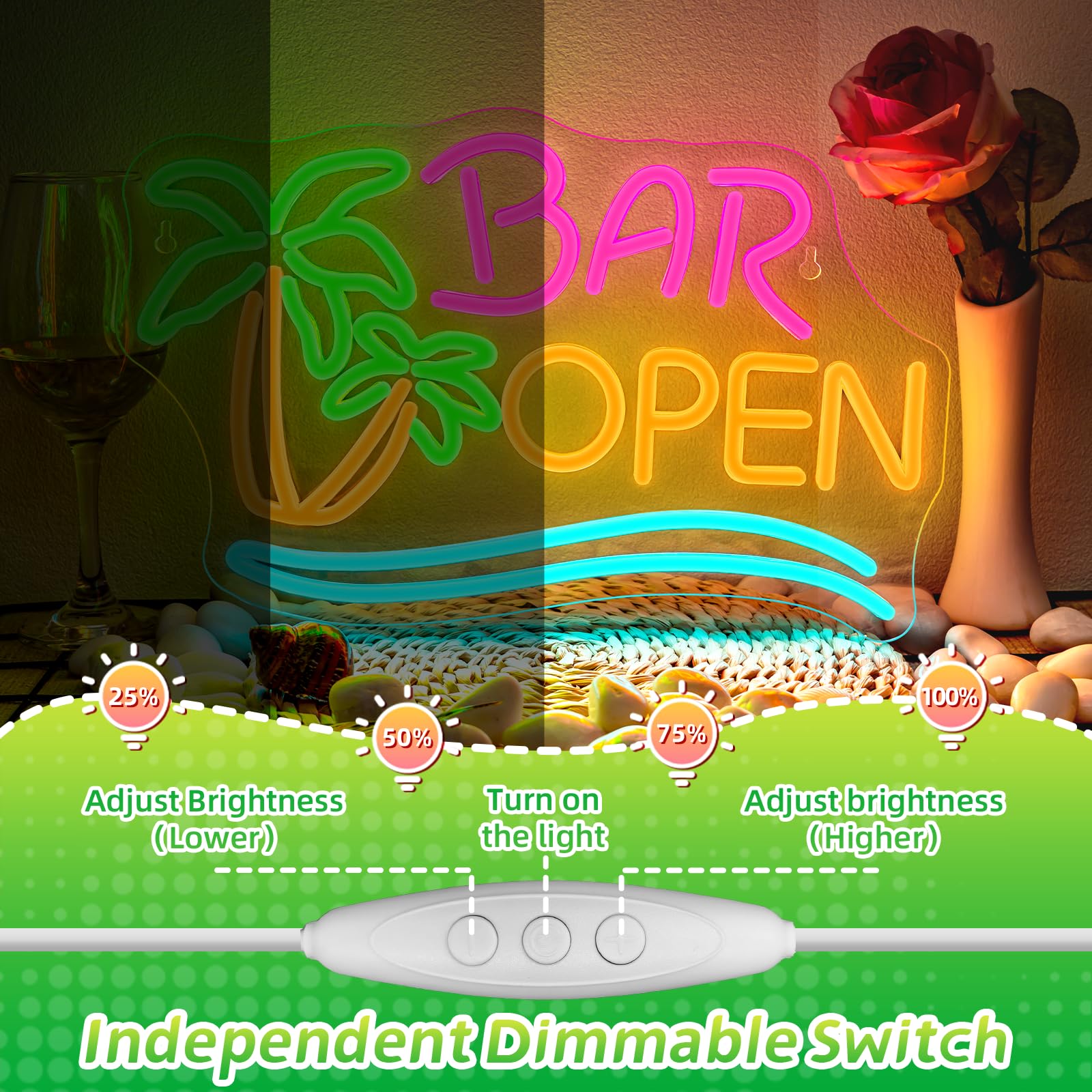 Bar Open Palme Neon Schild Dimmbar für Wanddekoration, Neon Sign Zeichen Licht Open, Leuchtschild Wand Dekor für Bar,Taverne,Clubs,Partys,Geschenk