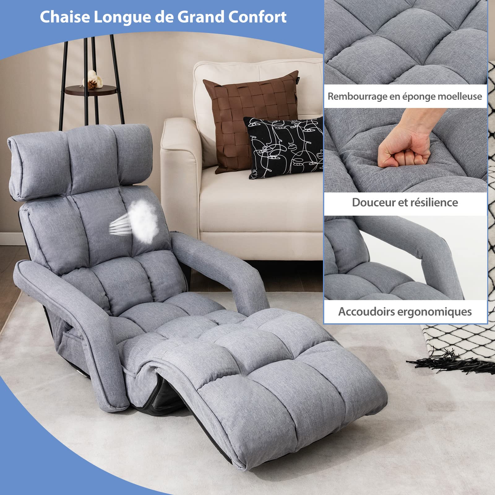 RELAX4LIFE Chaise Paresseuse Rembourré avec Dossier 90°-180°et Oreiller, Fauteuil au Sol Pliable en Surface Suède, Convient au Bureau, Lire, 196 x 72 x 20CM