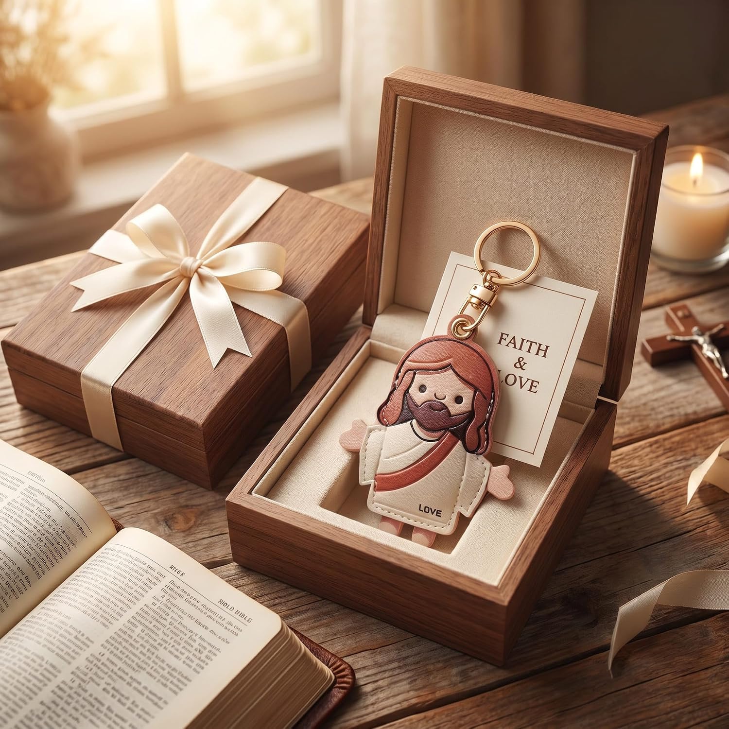 Tsidkenu Faux Leather Jesus Keychain Bag Charm for Women Men - Vintage Religious Christian Gifts - Key Ring for Car Keys & Backpack Purse Accessories - Baptism Confirmation Souvenirs