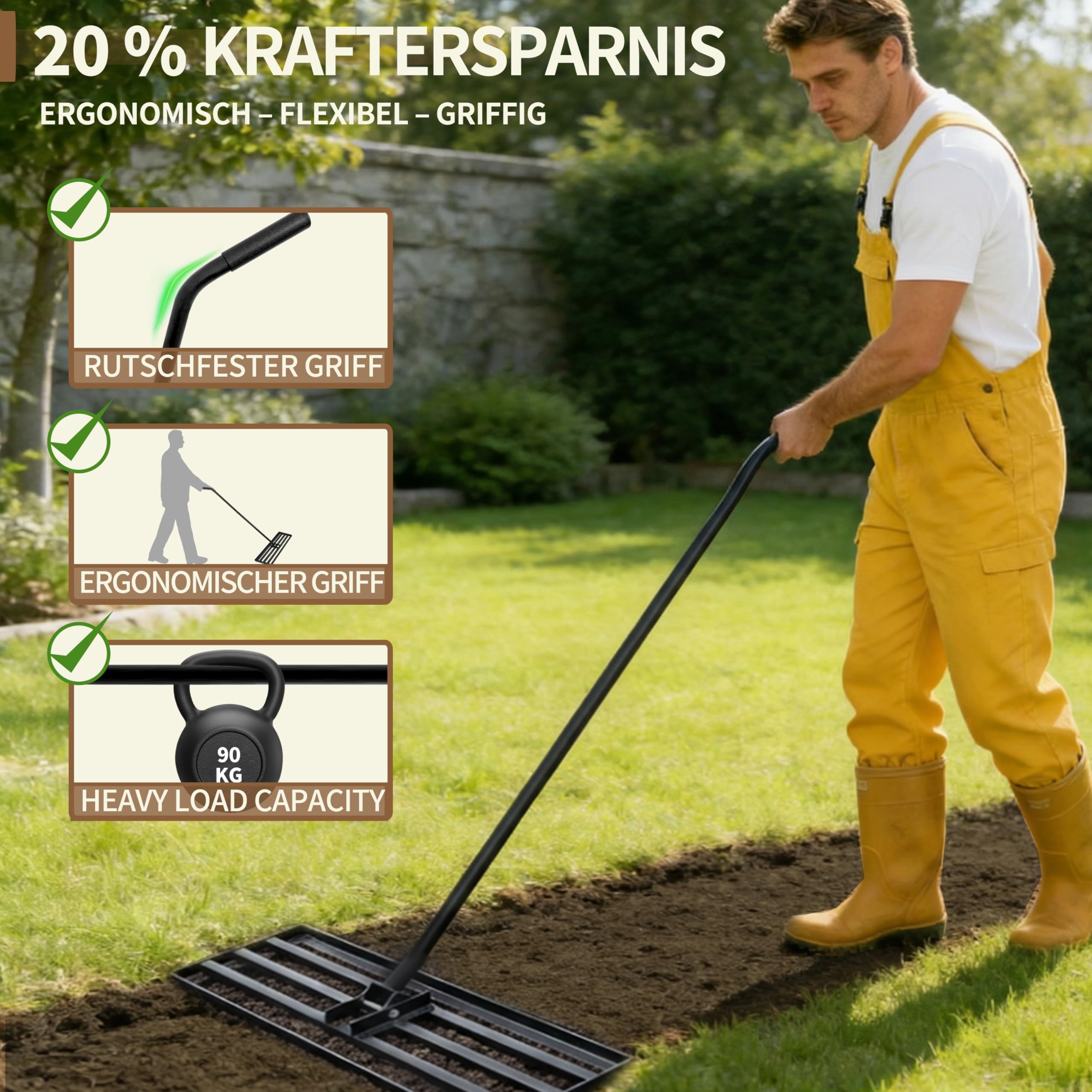 Rasen Rakel XXL,120x25cm Schwerer Nivellierrechen mit ergonomisch gebogenem 185cm Griff,Rasenrechen für Erde, Kies, Dünger, Ideal für Garten, Hof und Golfplatz Rasennivellierer