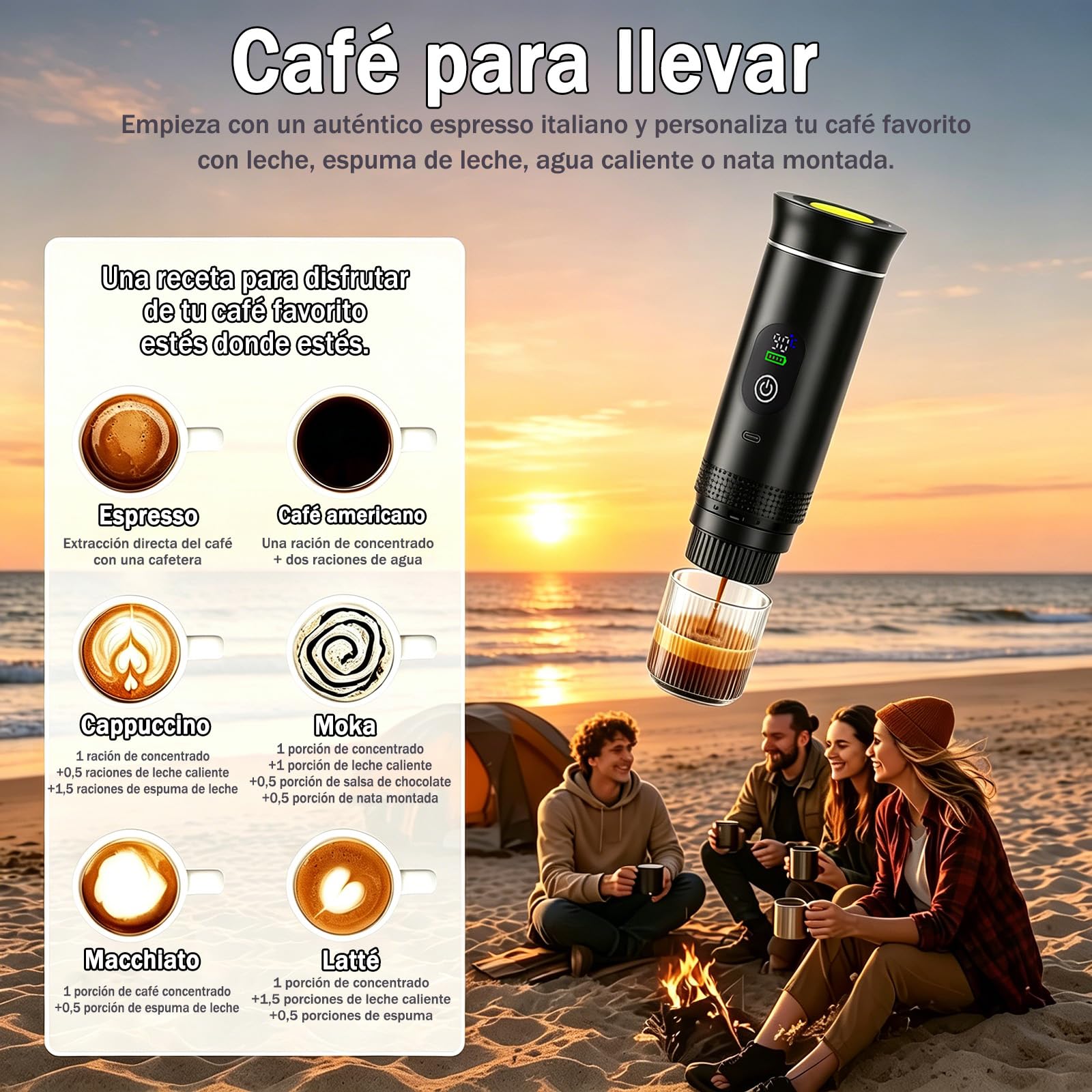 Nueva Cafetera de café espresso 3en1, para coche u oficina,Ideal para viaje | 20 bares, con pantalla LED,Máquina de café 80 ml compatible con cápsulas y café molido,Große Kaffeepulverschale (16 g)