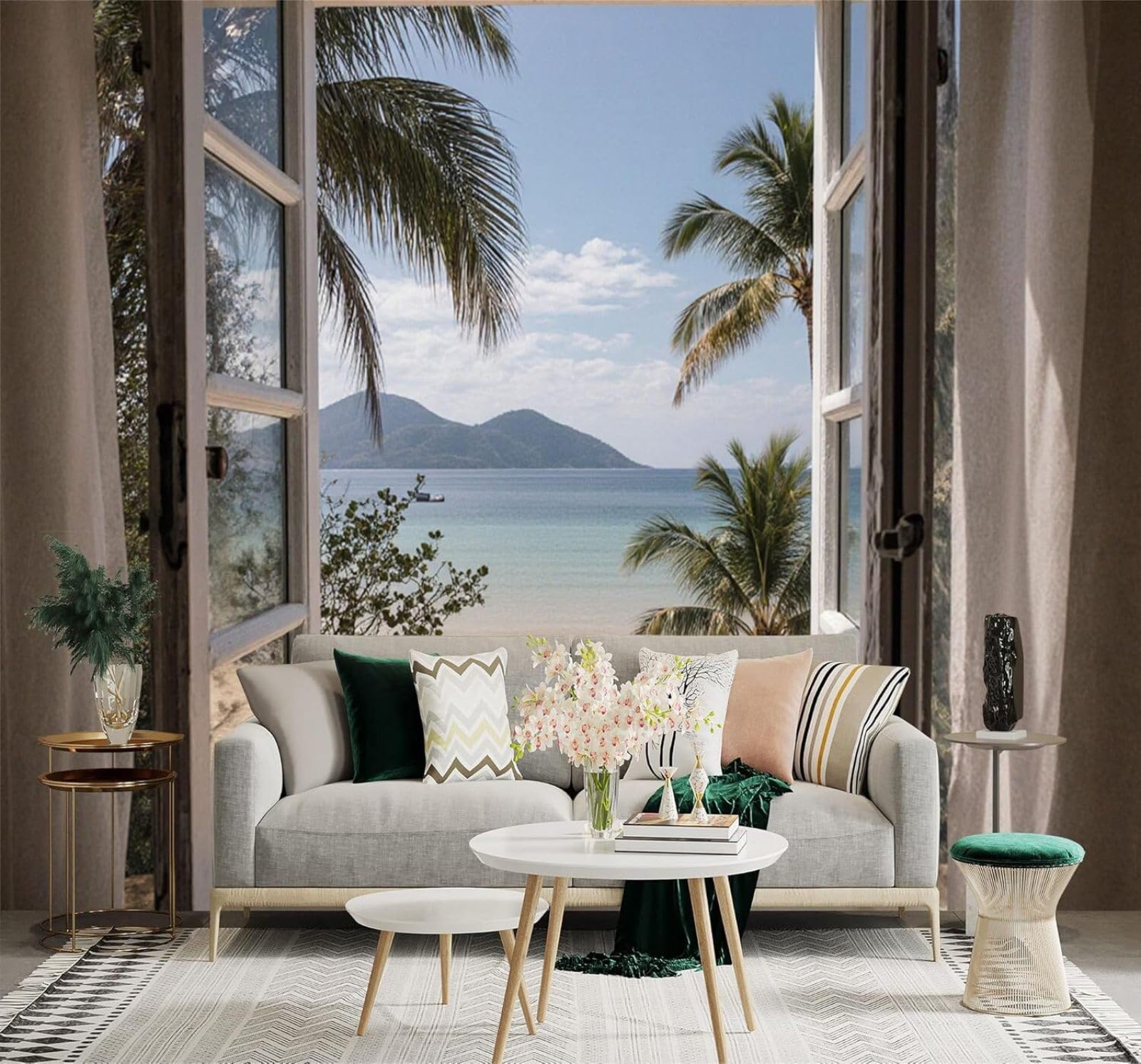 Tzxztt 400Cm×280Cm(B×H) View From The Window Tropical Beach Scenery Palm Trees Azure Ocean Modern 3D Wallpaper Premium Textured Silk Neutral Tones Material Ideal For Living Room Bedroom-400Cm×280Cm
