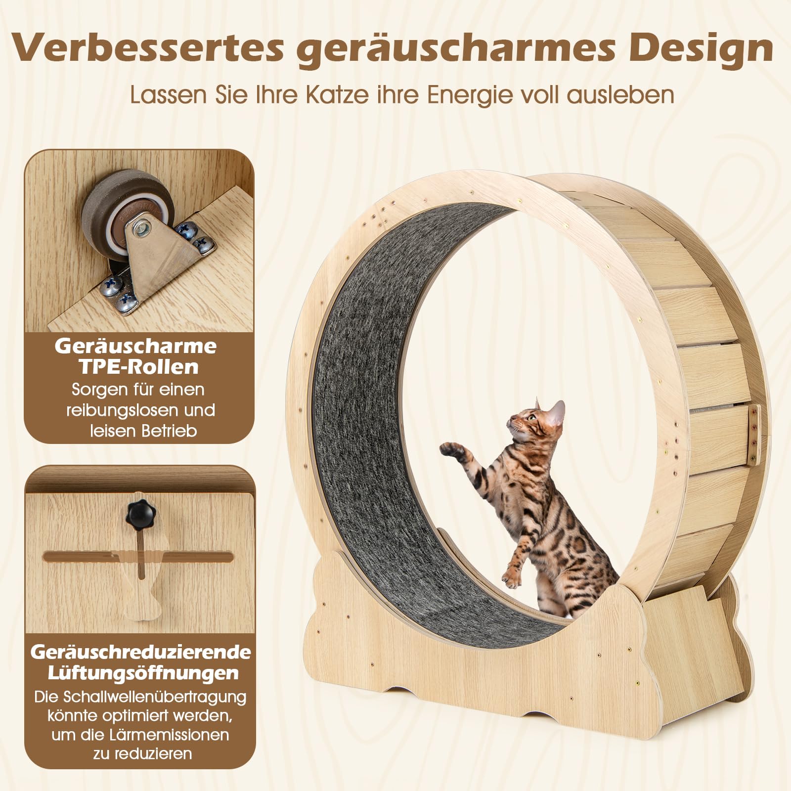 COSTWAY Katzenlaufrad, 101 cm Innendurchmesser, Laufrad Katzen mit abschließbarem Mechanismus & Kratzmatte, Ultra-leiser, Katzenrad Trainingsrad, für große Katzen bis 20 kg, Holz, Natur