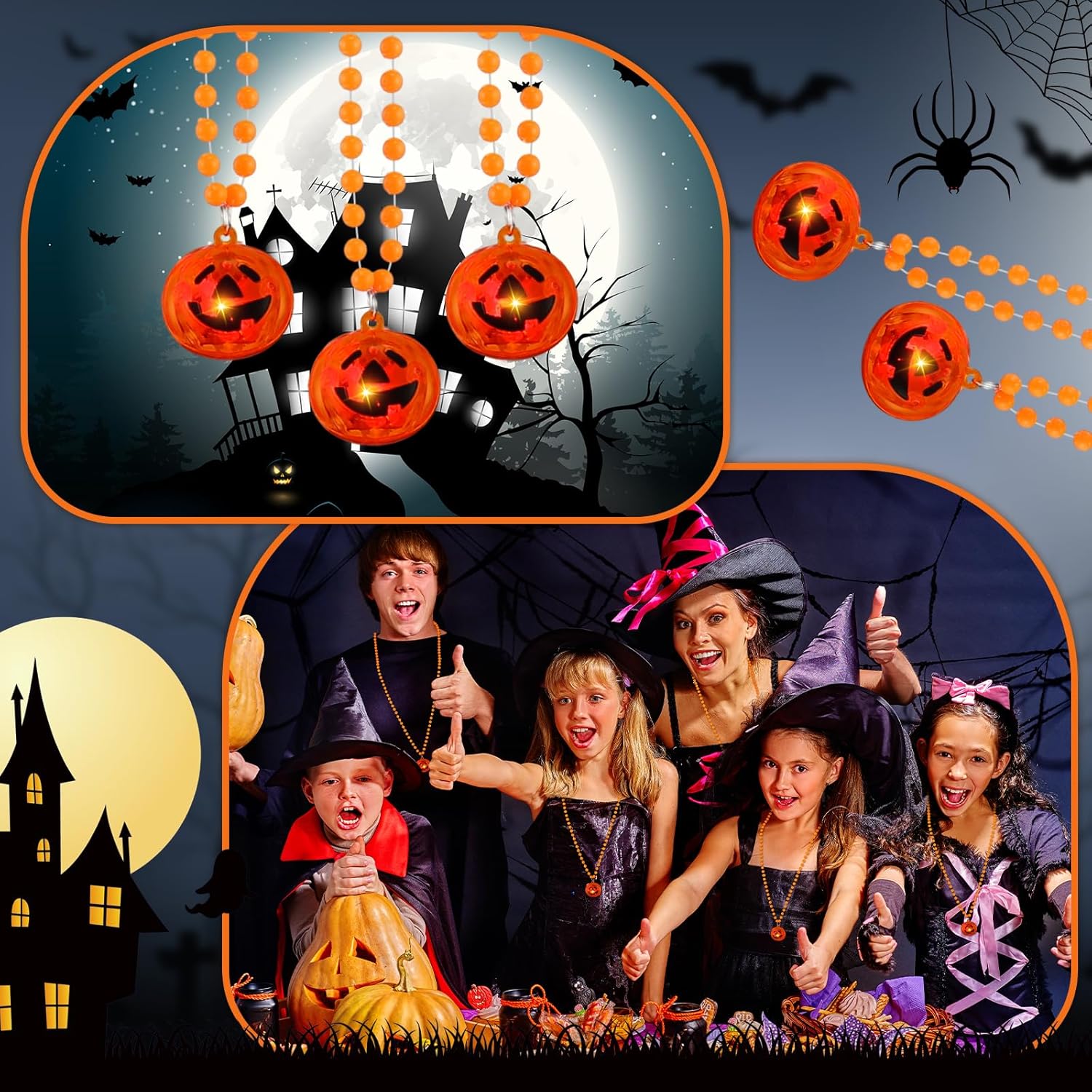 Yinkin Halloween Light up Pumpkin Necklaces Orange Beads Necklace Halloween Party Favors Supplies LED Pumpkin Light up Accessories Costume