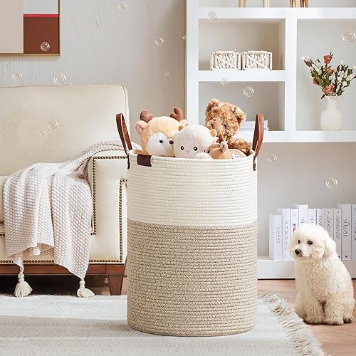 Miniatura 2 de VIPOSCO Cesta alta para ropa sucia, cesta grande para ropa sucia con mango de cuero, cesta de almacenamiento de cuerda tejida para manta, juguete en