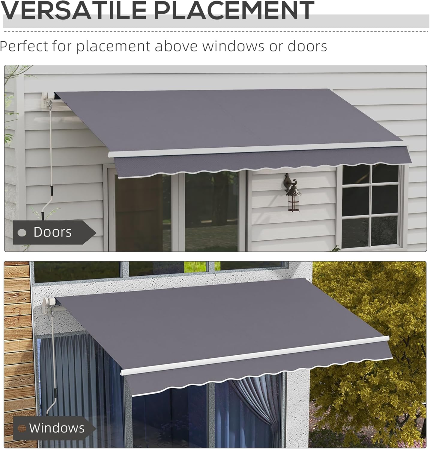 Two images showing the awning installed above a door and above a window, demonstrating versatile placement options.