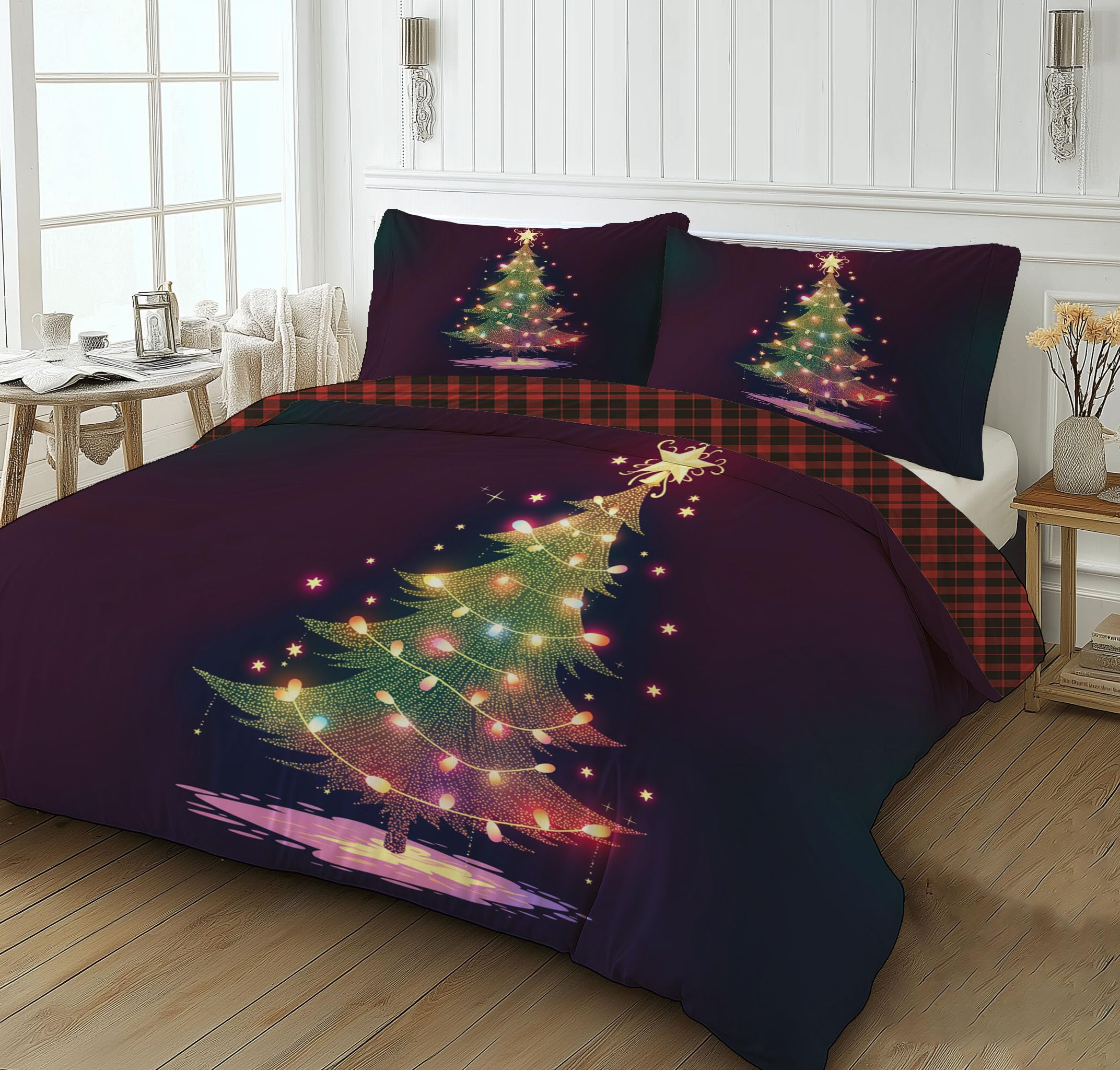 Parure de lit Noël 140x200 avec housse de couette sapin dessin animé et taie