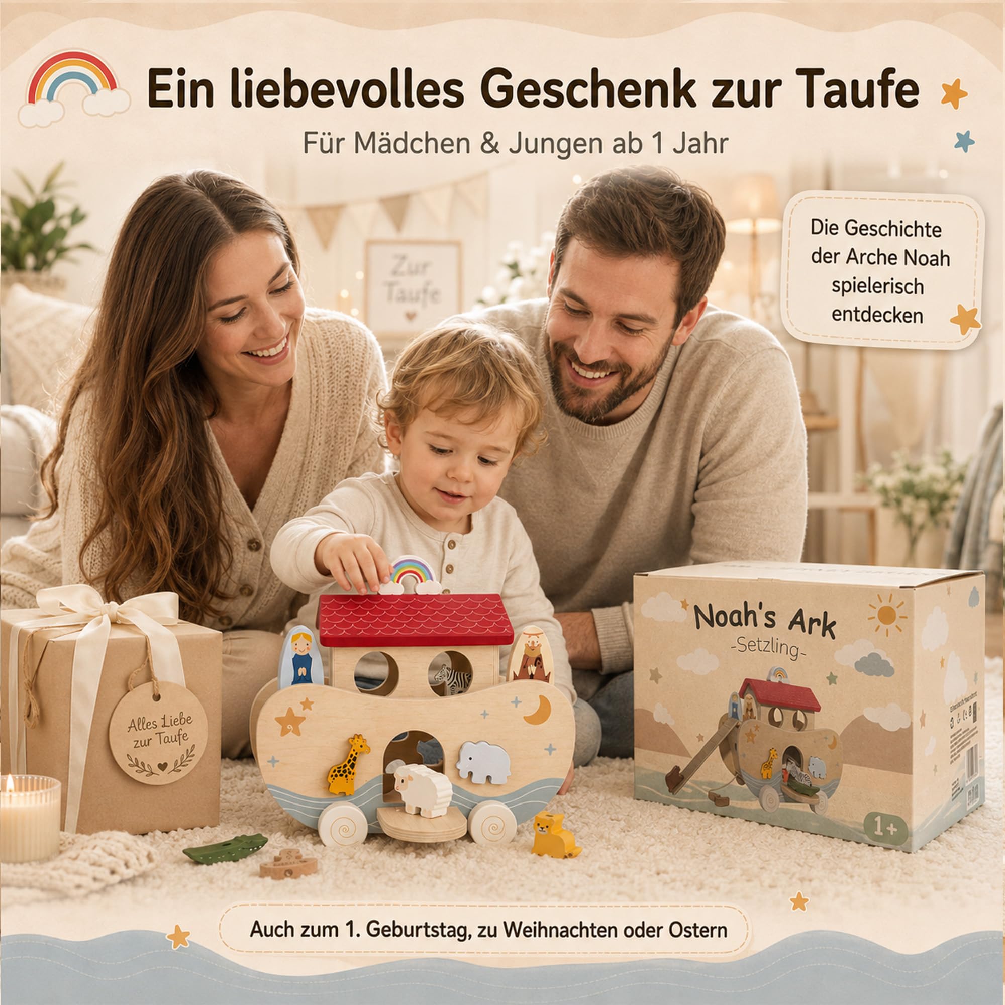 Arca di Noè in legno, giocattolo Montessori e regalo per battesimo | Adorabile regalo per battesimo: l'arca di Noè in legno con 10 coppie di animali, idee di gioco versatili e arcobaleno