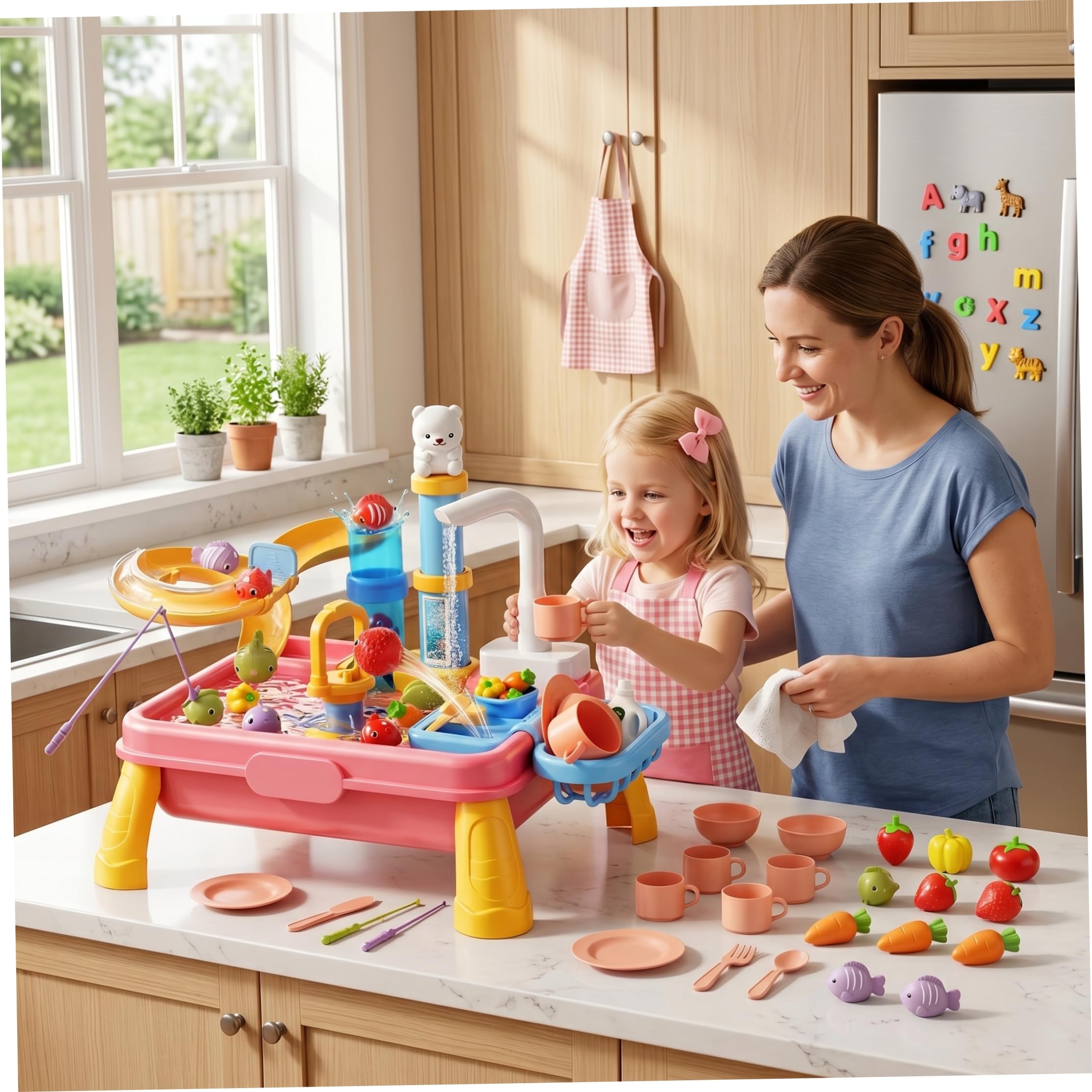Lavandino da gioco con acqua corrente, Tavolo da acqua per bambini 7 in 1 con giocattolo da pesca Realistico Fai finta di giocare a Circolazione automatica del giocattolo della cucina per le ragazz
