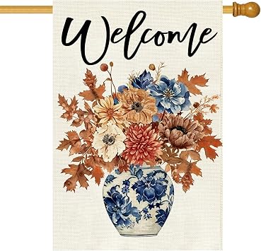 Baccessor Fall Floral Welcome House Flag 28x40 Inch Double Sided,Blue and White Porcelain Outdoor Seasonal Burlap Thanksgiving Day Autumn Maple Leaf Large Garden Flags Home Yard Porch Patio Decoration
