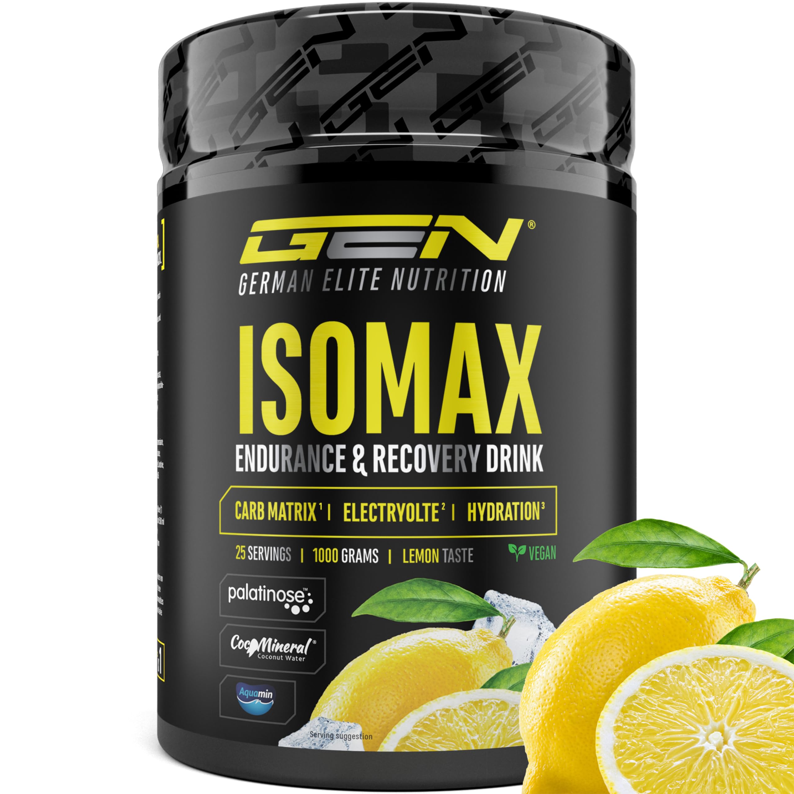 Isomax - 1000g de poudre pour boisson isotonique avec maltodextrine, glucose, eau de coco, acides aminés, électrolytes & vitamines - végétalien - avec Palatinose™, CocoMineral®, Aquamin® (citron)