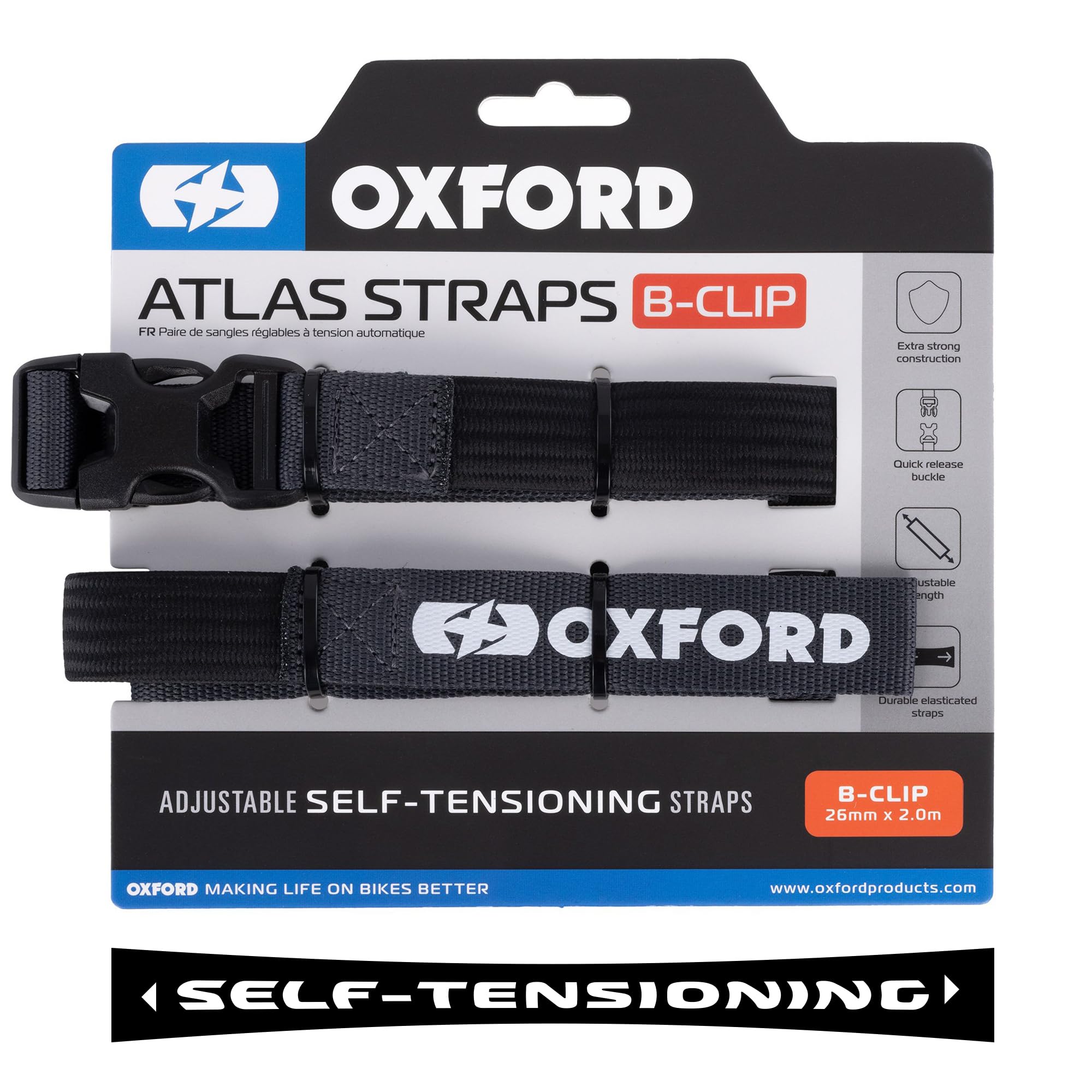 Atlas B-Clip (Pair), 26mm x 2.0m, Asphalt. Motorcycle Adjustable Luggage Strap