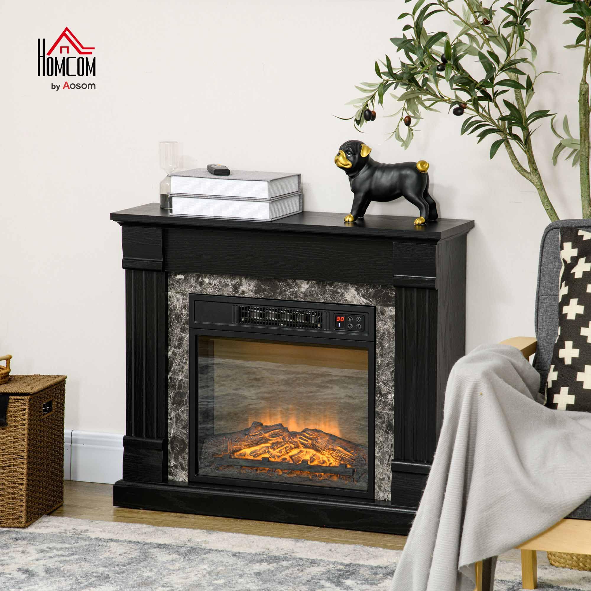 HOMCOM Camino Elettrico con Cornice Effetto Fiamma Realistico 3 Luminosità Regolabile, Stufa Silenzioso Caminetto Elettrico 1800W con Telecomando, Termostato, Timer, Riscaldamento Regolabile, Nero