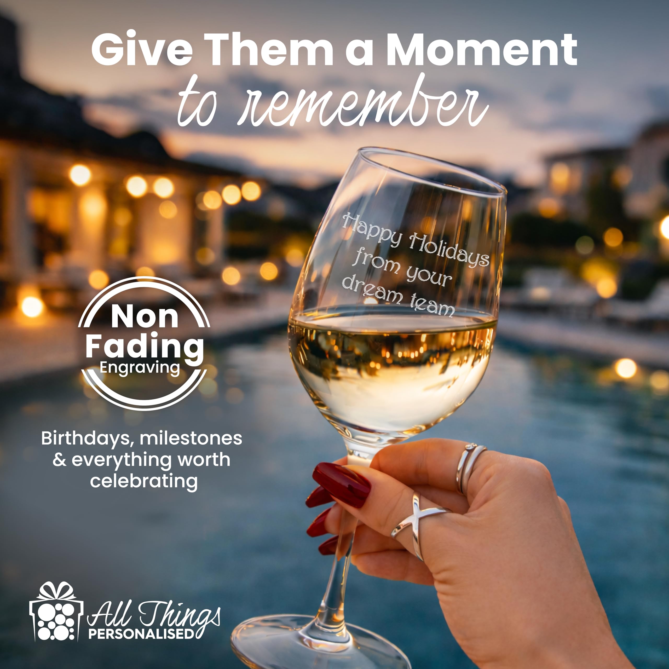 All Things Personalised Calice Vino Personalizzato 450ml - Bicchiere Vino per Compleanno, Matrimonio e Altro - Personalizzabile con Nome e Messaggio - Confezione Regalo, Incisione al Laser