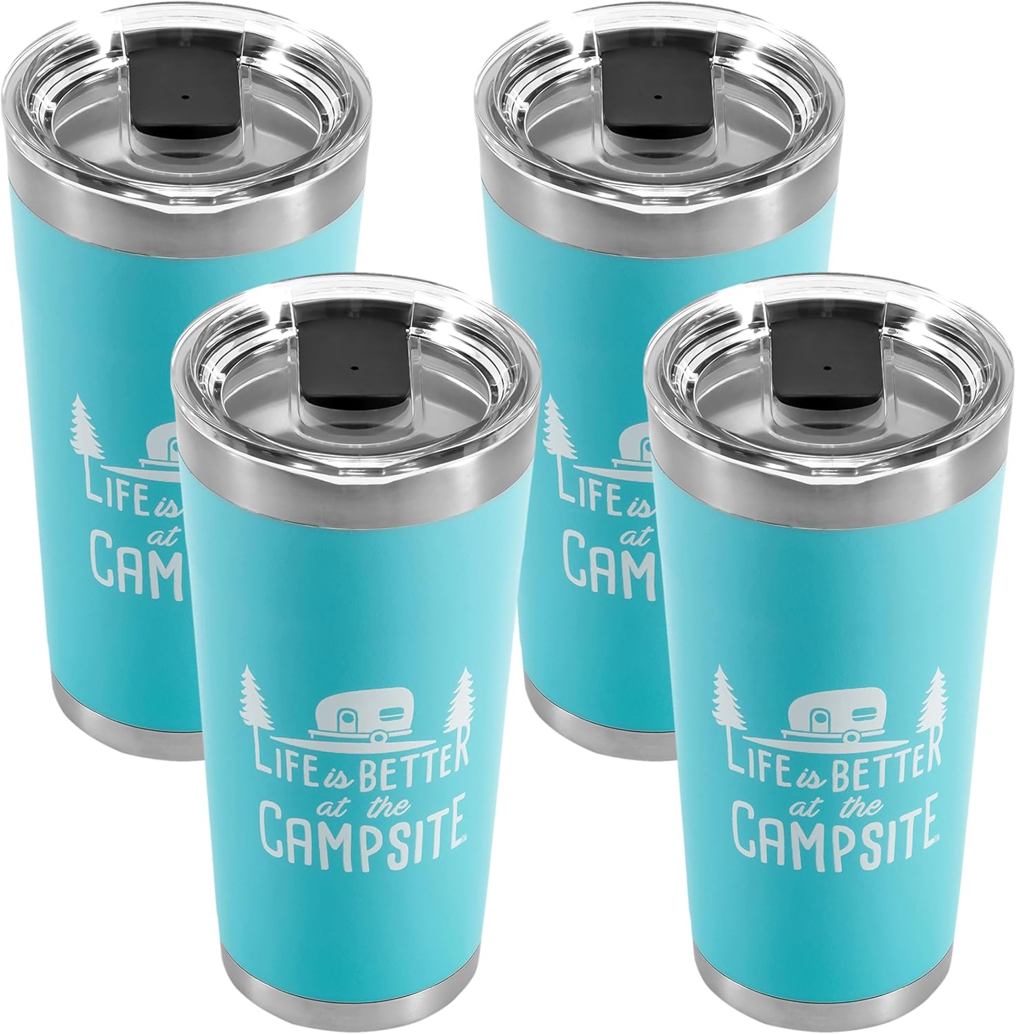 Camco Life is Better at The Campsite Tumbler | Heavy Duty Double Wall Vacuum Insulation | Crafted of 18/8 Stainless Steel | Unique “Life is Better at The Campsite” Design on Cool Blue | 20-oz (53057)