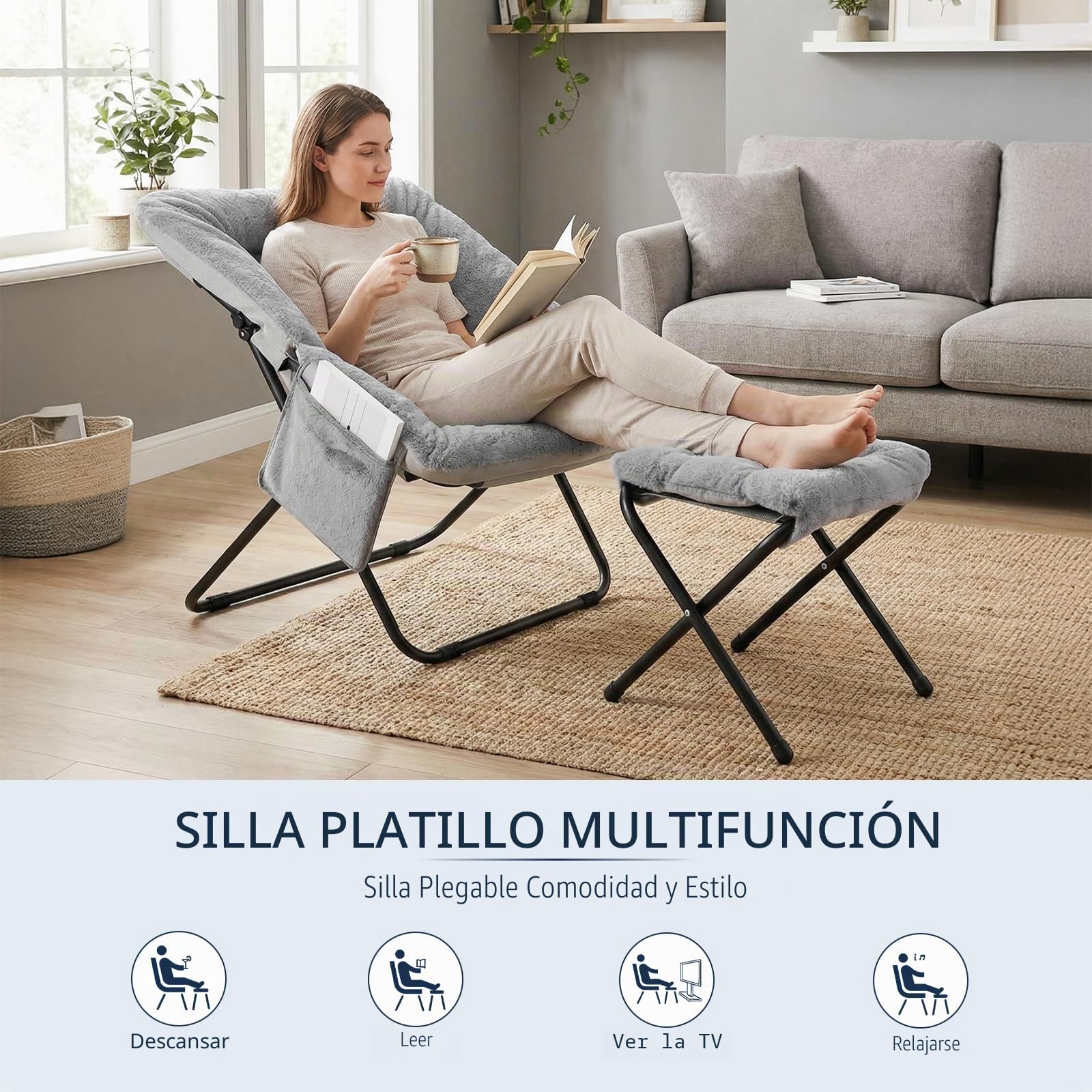 Clevich Sillón de relax con taburete, 72 x 76 x 78 cm, para adolescentes y adultos, escandinavo, tejido de piel sintética de poliéster, con bolsillo lateral y estructura de metal estable, plegable