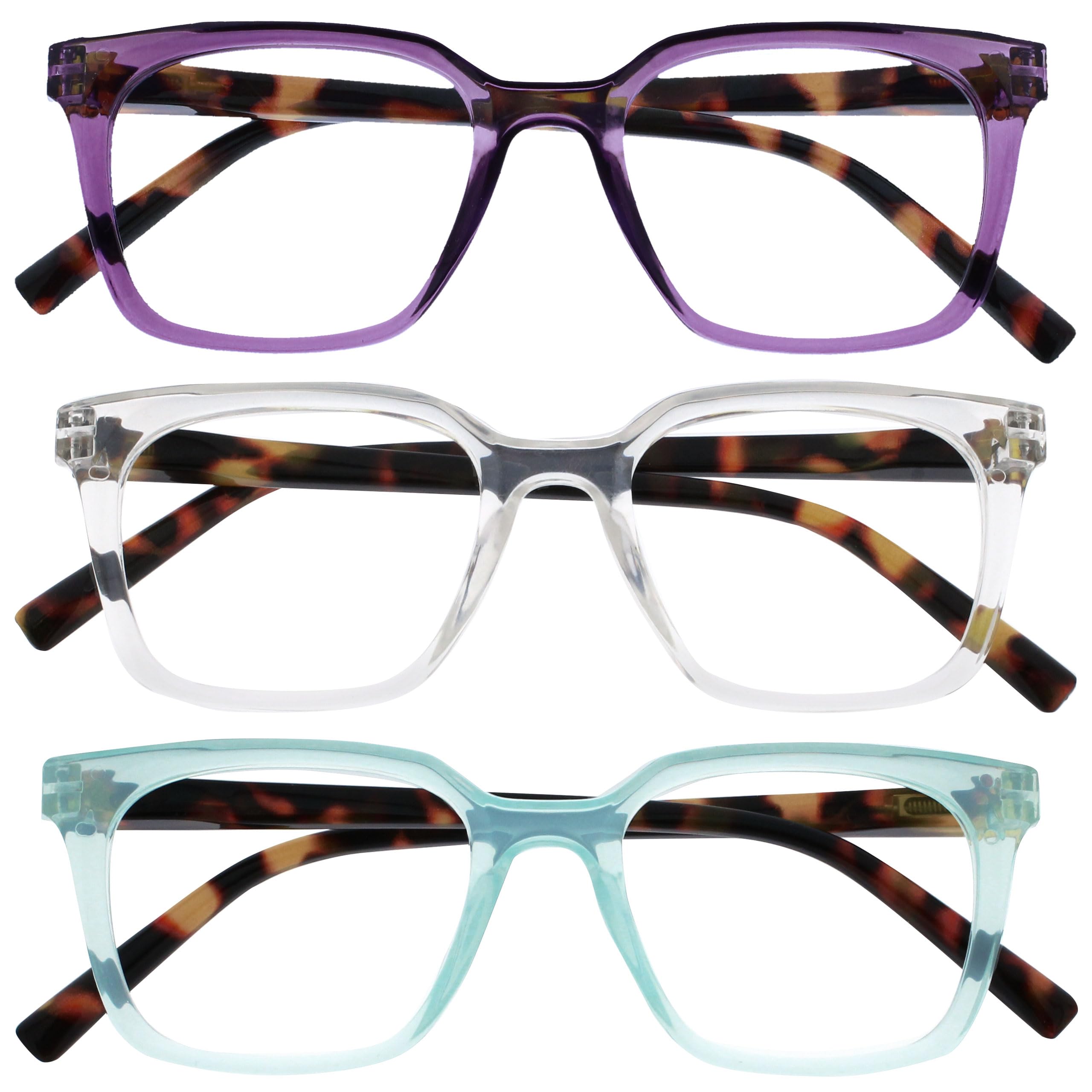 OPULIZE KOI Reading Glasses 3 Pack - Large Rectangular Frame - Purple-Aqua-Clear - Mens Womens - Spring Hinges - RRR50-5CQ - +1.50
