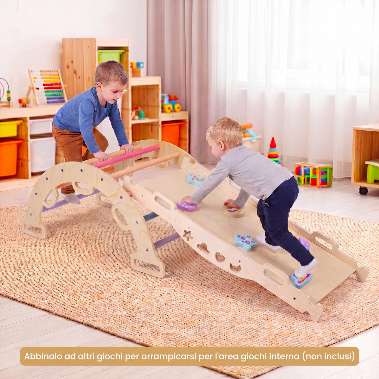 COSTWAY Arco da Arrampicata Bambini, Giocattolo da Arrampicata Versatile in Legno Massello, Cuscino Morbido, Altalena ad Arco Educativa con 10 Maniglie per Bambini 3+ Anni (Multicolore)