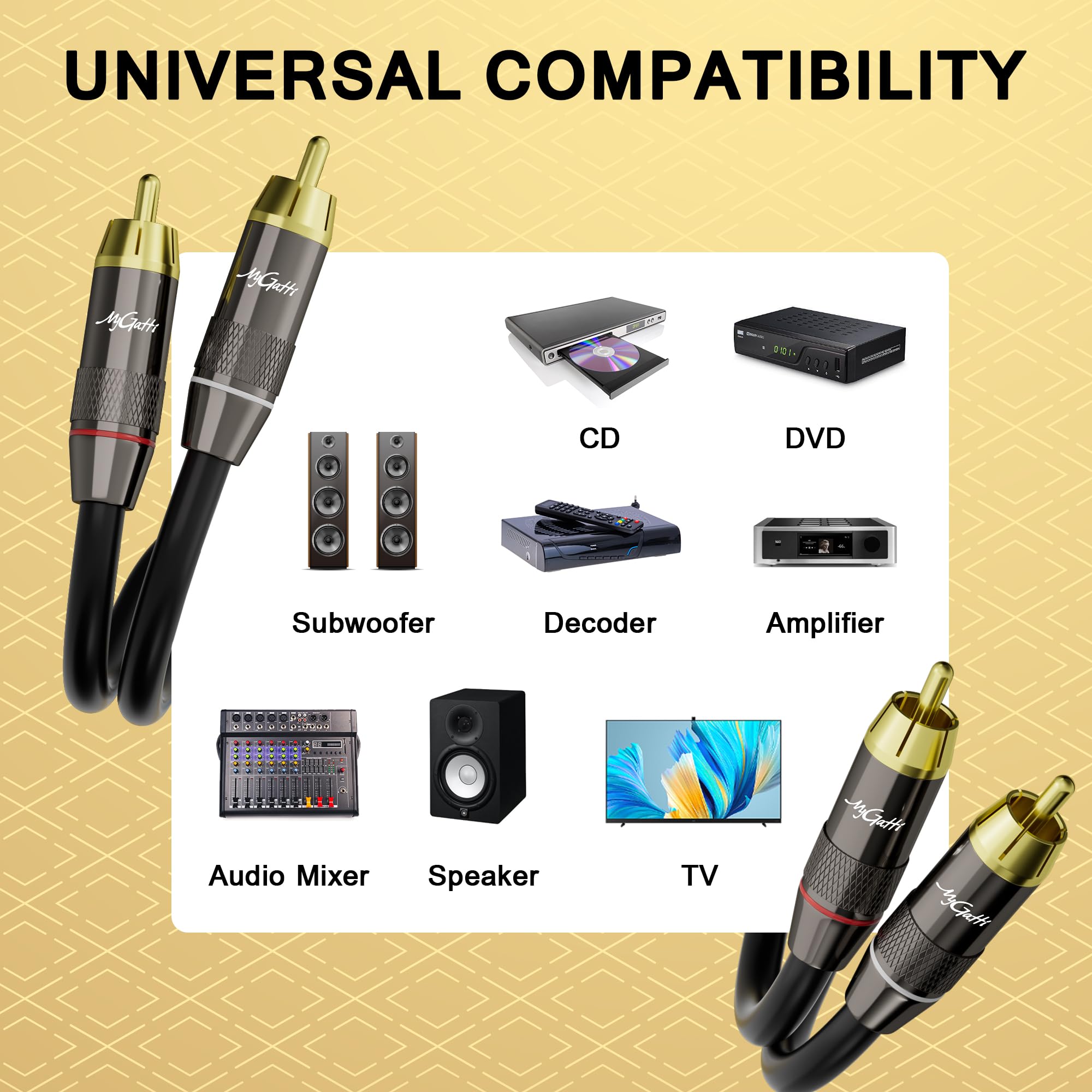 Cavo RCA da 1,2 m, cavo audio stereo da 2RCA a 2 RCA, guscio in lega di zinco, rame privo di ossigeno, spine placcate oro, 2 cavi adattatori audio RCA, per Home Theater, HDTV, amplificatore, sistema