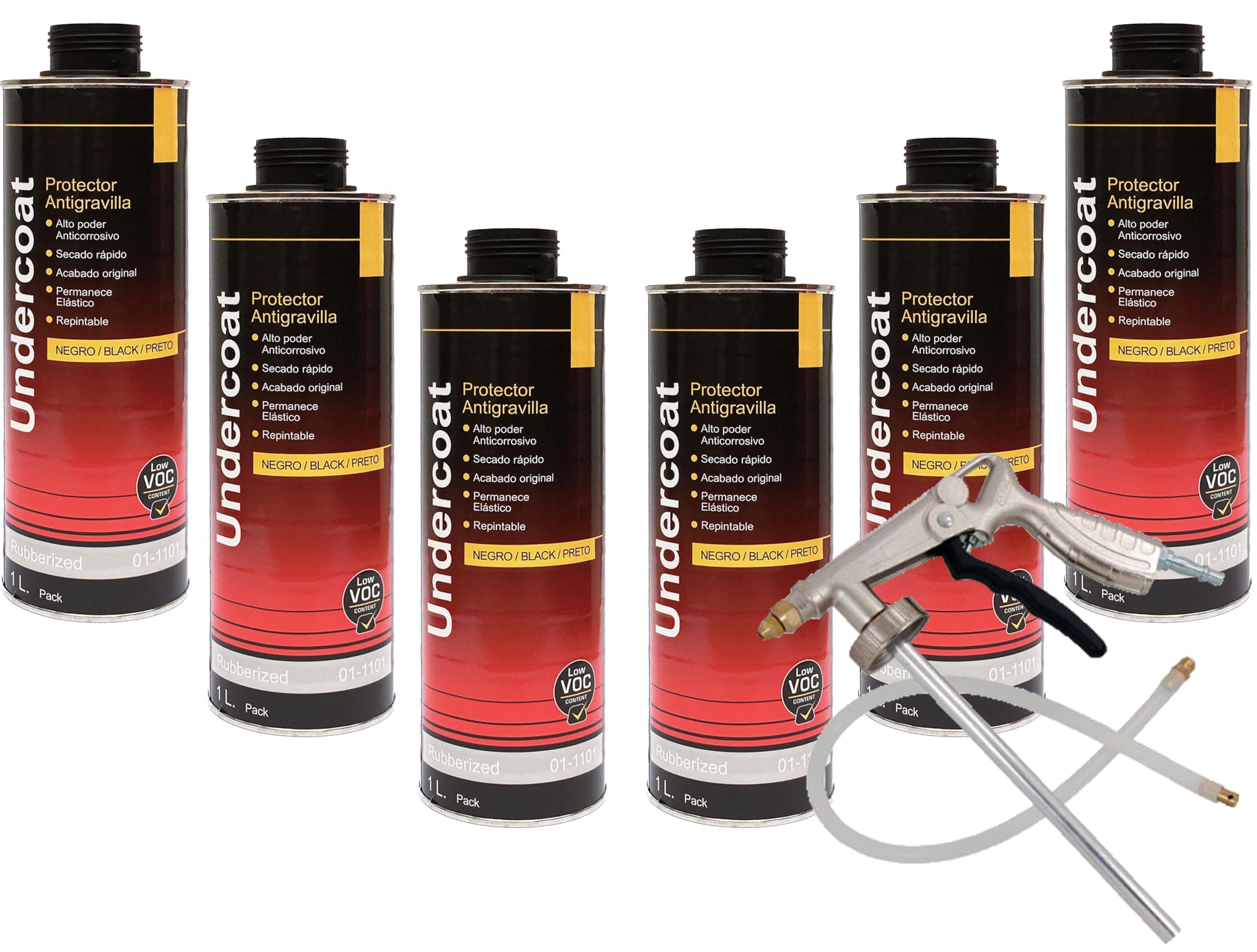 KIT DE 6 BOTES ANTIGRAVILLA 1 LITRO COLOR NEGRO + PISTOLA ANTIGRAVILLA NEUMATICA