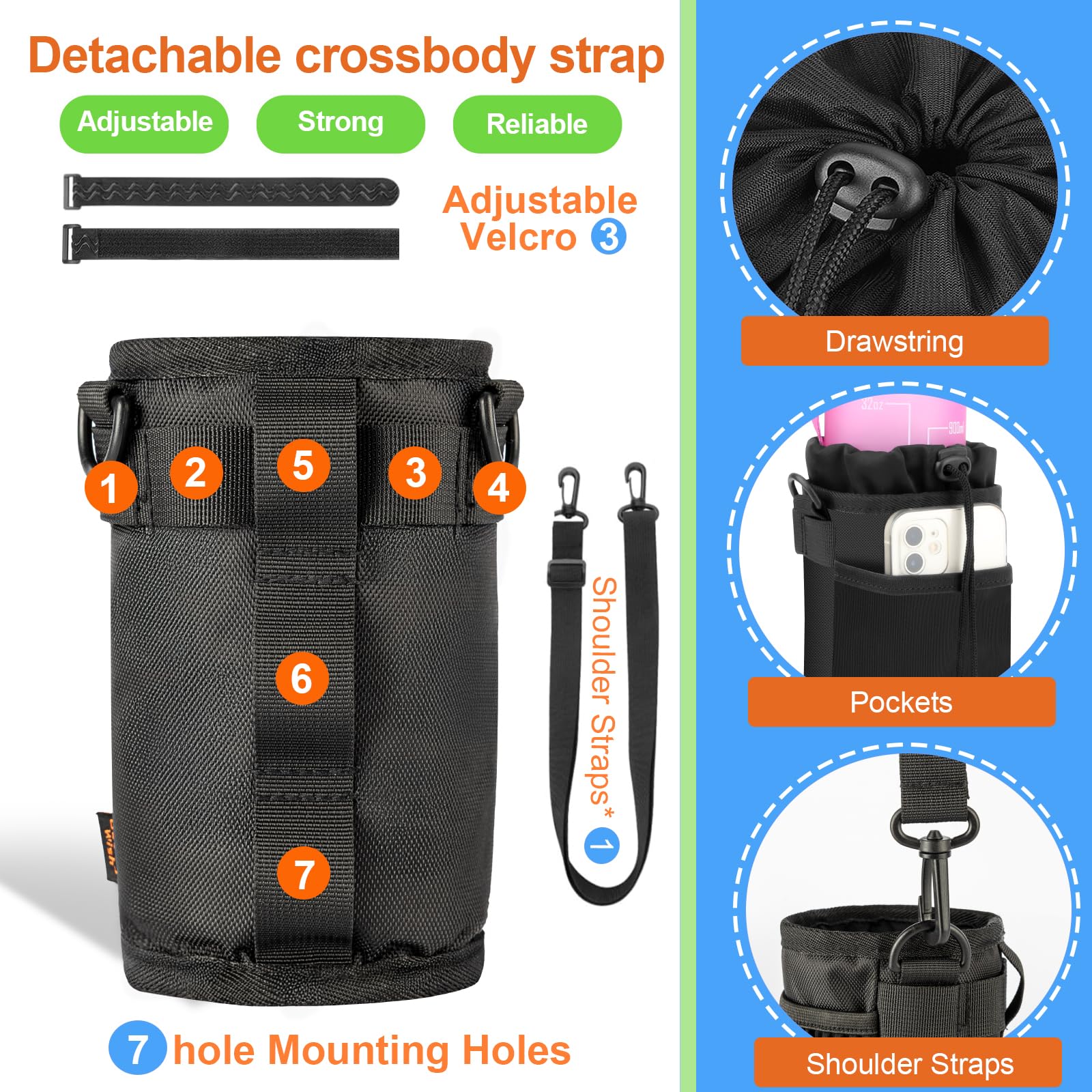 Porte 12-24oz Gourde Velo Sans Vis Bidon Porte Velo avec Poche en Maille et Bandoulière Porte Gourde VTT pour Bouteille de Vélo Guidon Poussette Scooters Randonnée Fauteuil Roulant