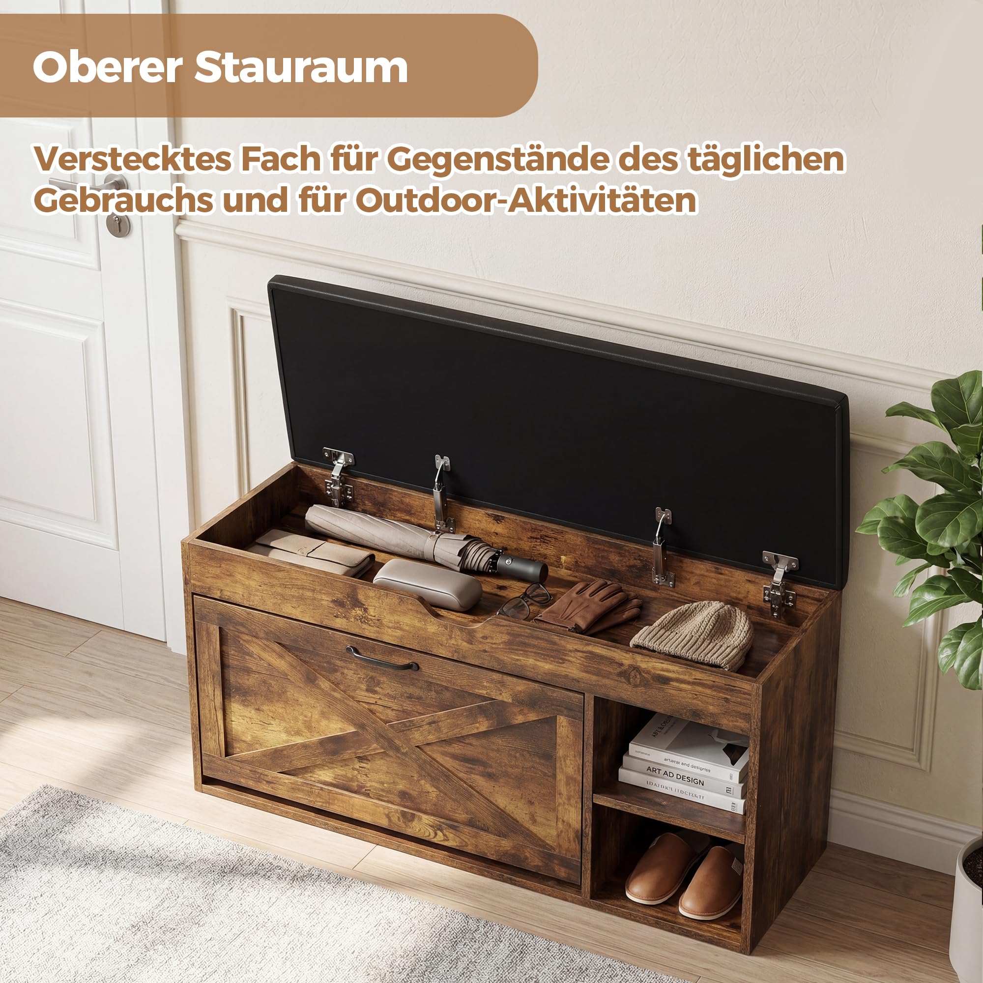 BonVache Schuhbank mit Sitzfläche, Sitzbank mit Stauraum, Schuhbank mit 3 Fächern, Fach unter Sitzkissen, verstellbare Regale, Schuhregal für Wohnzimmer, Flur, bis 150 kg belastbar, Vintagebraun