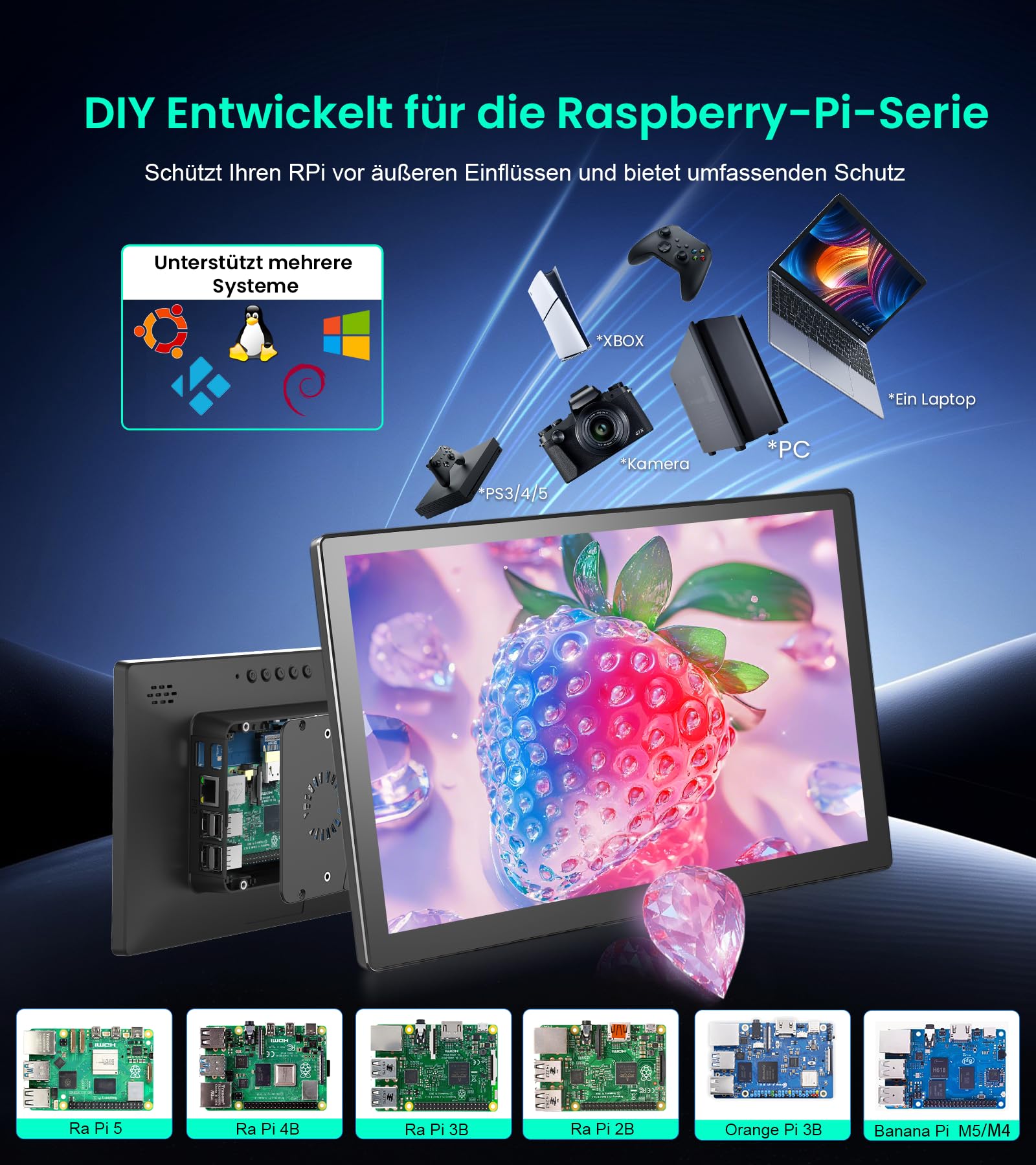 10.1 Zoll Tragbarer Touchscreen Monitor für Raspberry Pi, FHD Display mit Gehäuse, Lautsprecher, HDMI-Eingang, kompatibel mit Raspberry Pi 5/4B/3B+/3B/B+ Jetson Nano Win11/10/8/7/PC