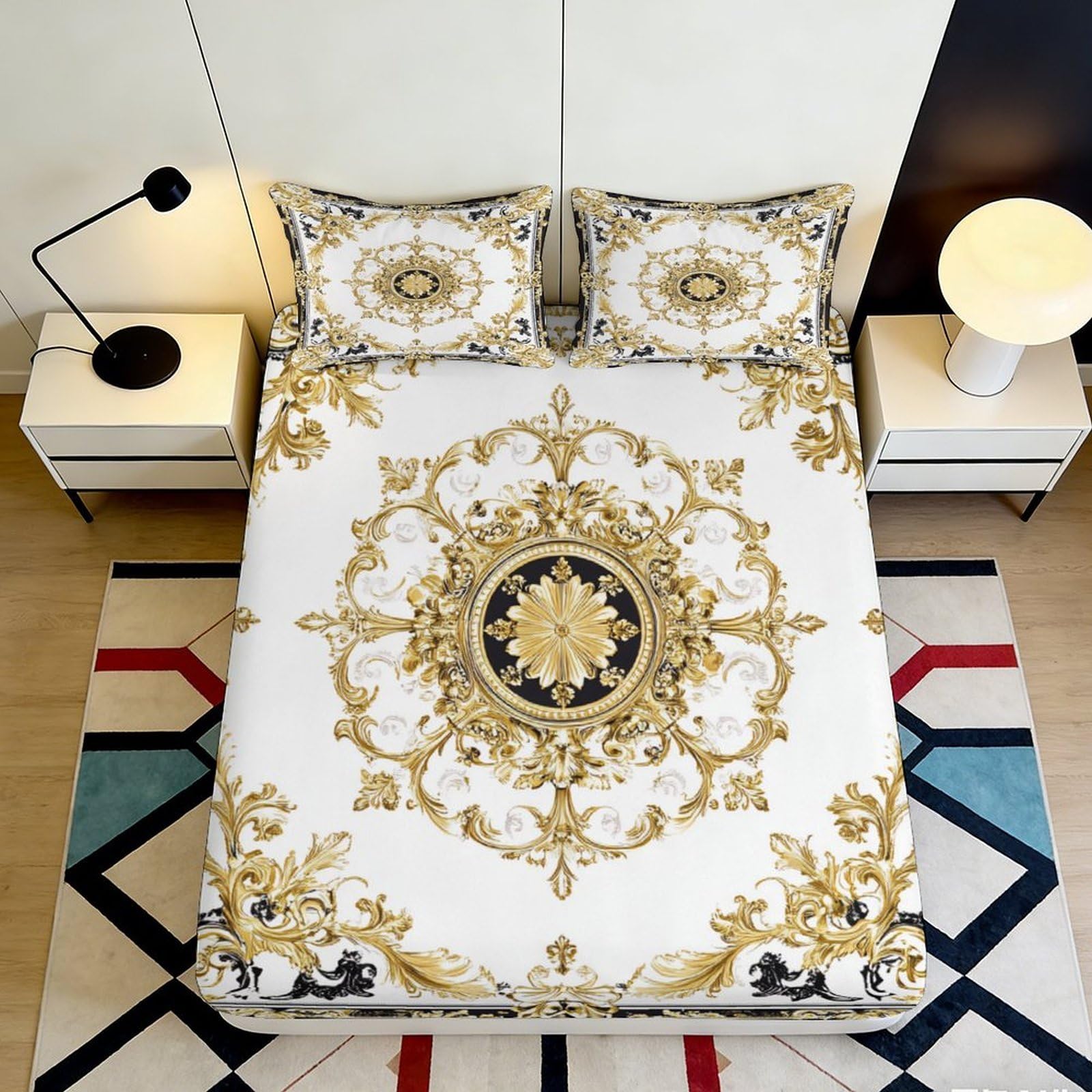 3D Printed Baroque Gold Medallion Fitted Sheet Microfiber Soft Breathable Royal Ornate Bed Cover Bedroom Decor 90x200x25cm