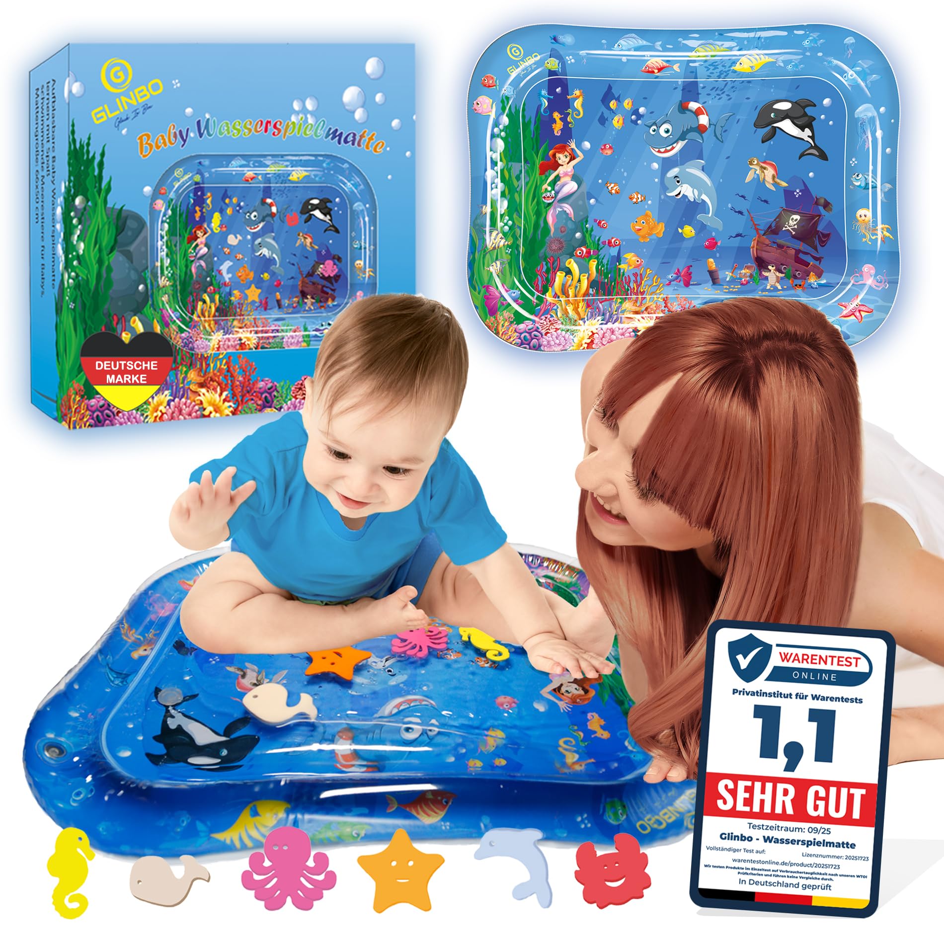Glinbo Wassermatte Baby, Wasserspielmatte Baby BPA frei, Bauchlage Spielzeug Baby ab 3, 6 und 9 Monate, Baby Wassermatte (Größe 66x50 cm)