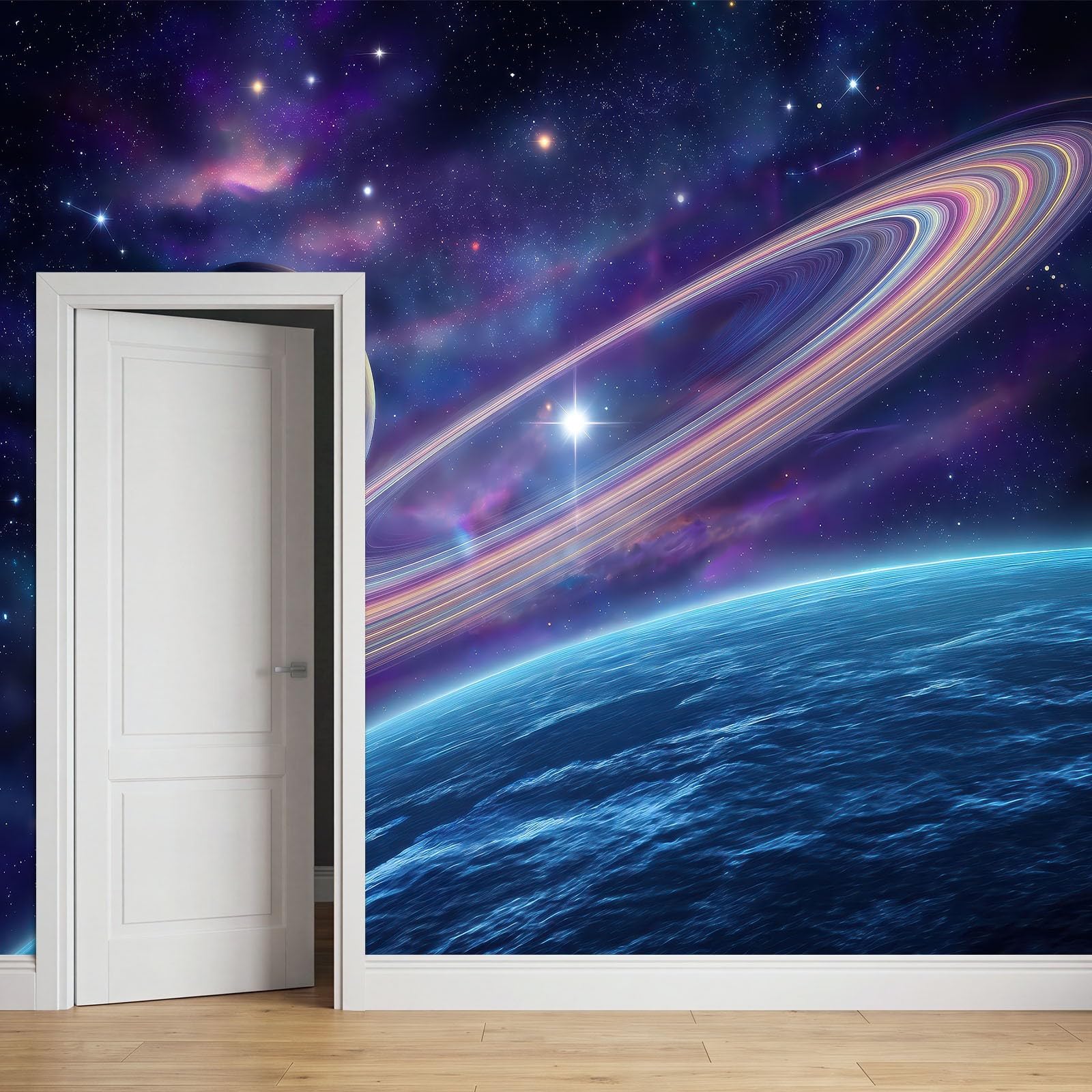 Fototapeta Science fiction, gwiaździste niebo, planeta, 500 x 280 cm, niebiesko-fioletowa, wysokiej jakości, fototapeta, sztuka ścienna 3D, dekoracja do salonu, sypialni, tło sofy