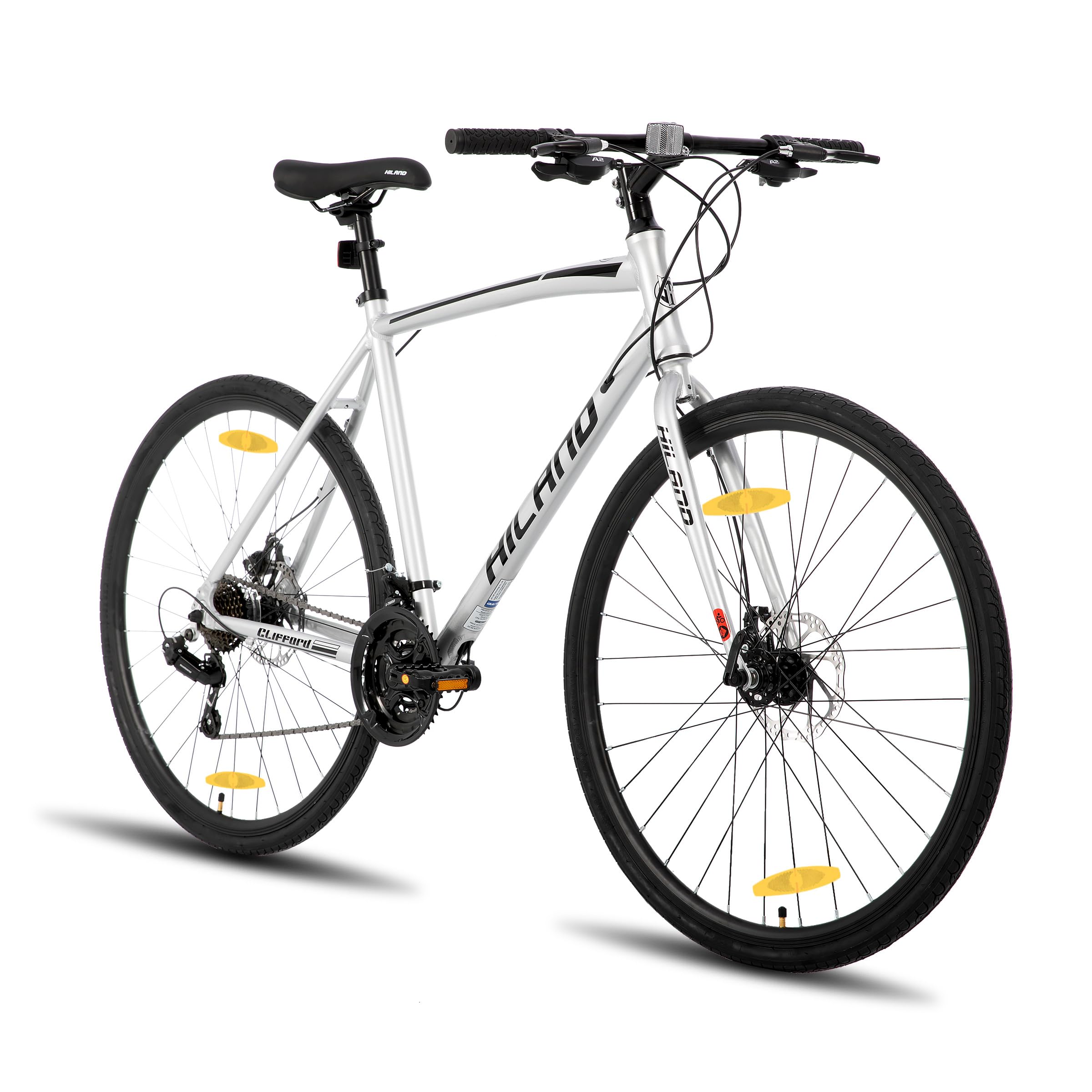 Hiland Bicicleta de Carretera Urbana 28 Pulgadas, Cuadro de Aluminio 700C Unisex, Frenos de Disco Delanteros y Traseros, 21 Velocidades, Cuadro 530/570 mm, Negro/Rojo/Plateado