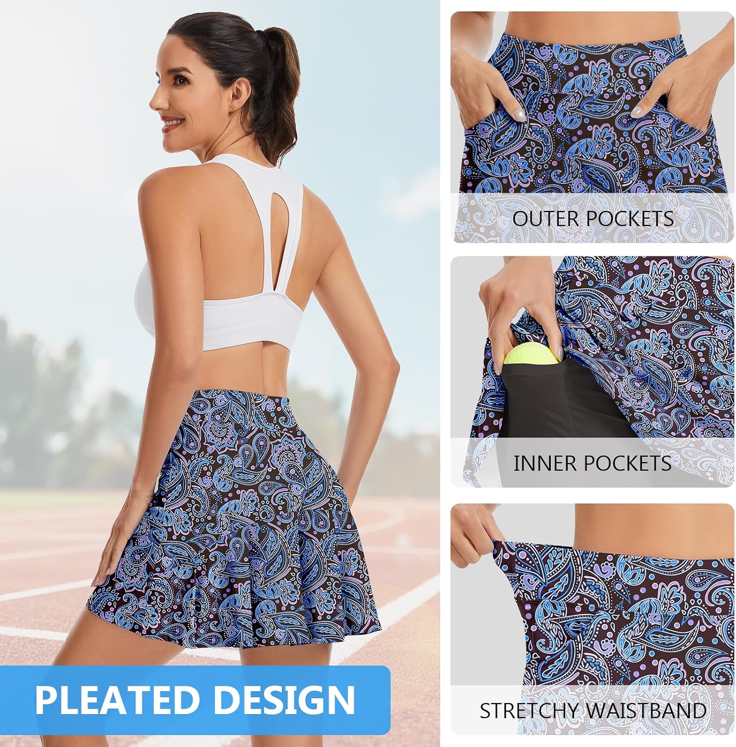 Soneven Womens Pleated Tennis Skirt Golf Skorts with Built‑in Shorts Pockets UPF 50+ Athletic Workout Pickleball