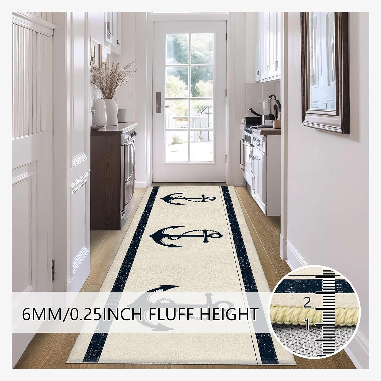 Anchor Nautical Runner Rug Washable, Adventure Theme Carpet Hallways 2x5ft Non Slip Soft, Ocean Sea Rug Rubber Backing for Bedroom Entry Living Laundry