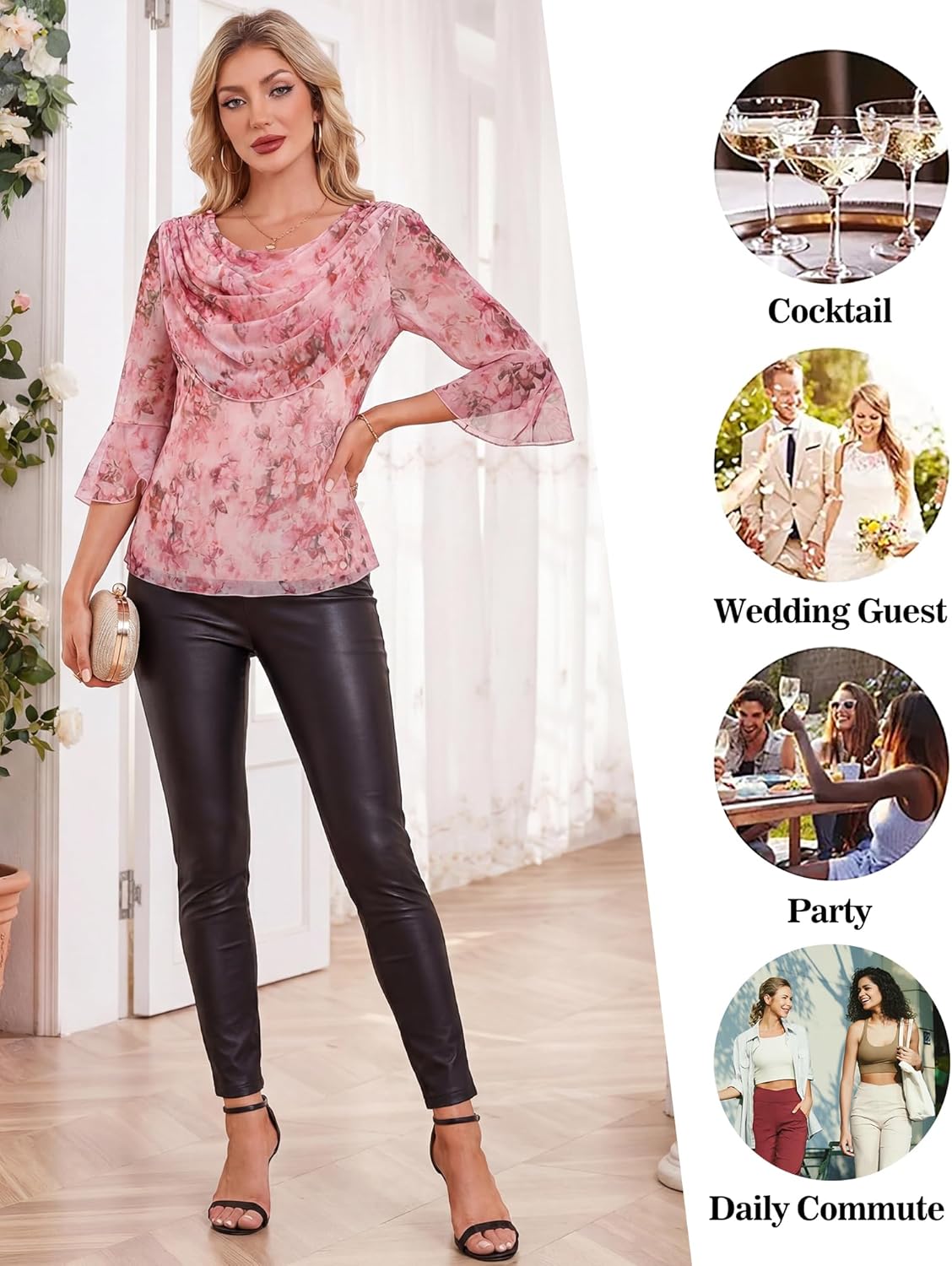 Lotusmile Blouses for Women Dressy Casual 3/4 Sleeve Cowl Neck Sparkly Tops Cocktail Shirts for Evening Party - Image 6