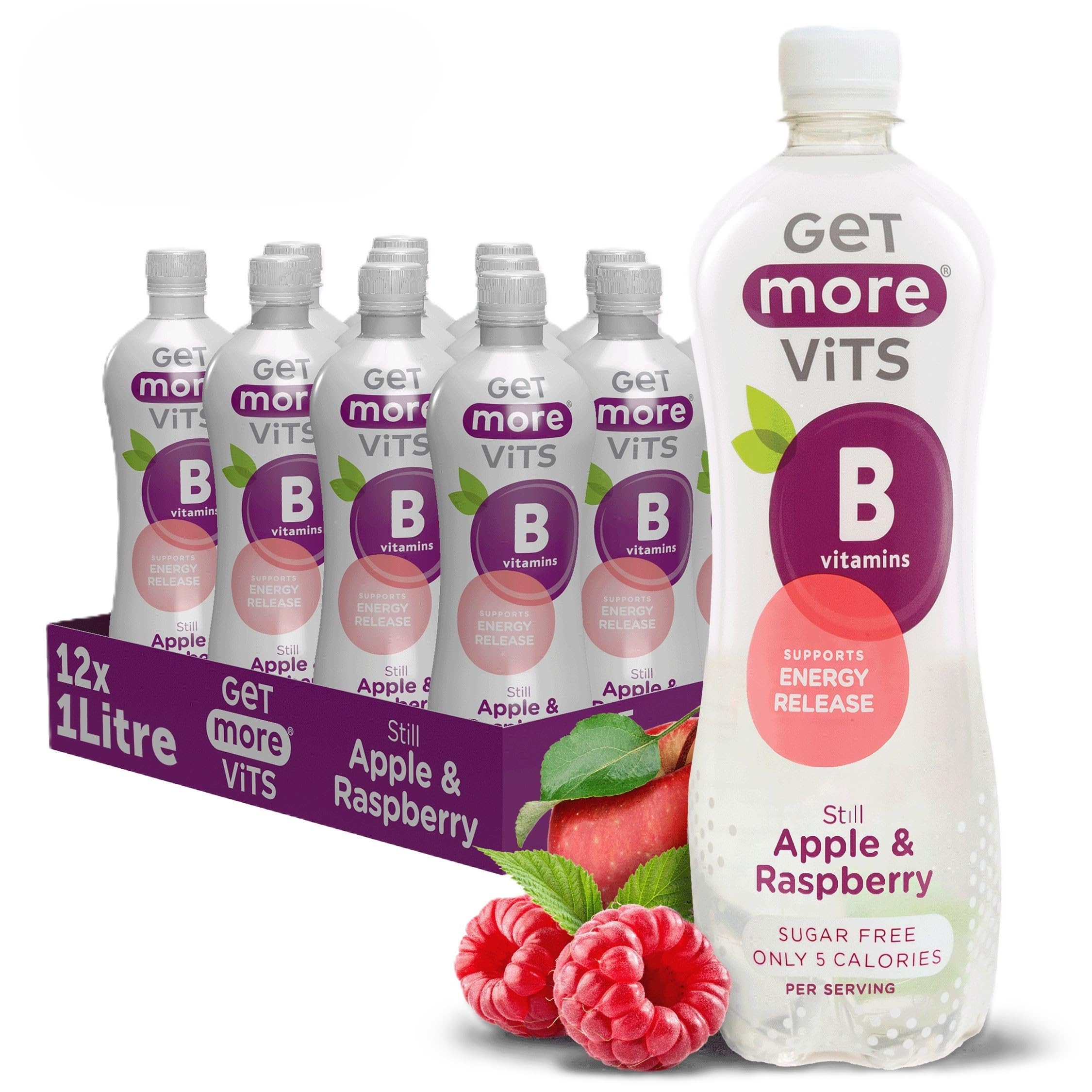– Get More Vits Flavoured Water - Apple & Raspberry Still Water with B Vitamins - Low Calorie, Sugar Free, & Vegan Flavoured Spring Water with Niacin, Biotin, & Thiamine - 1 Litre Bottle, Pack of 12
