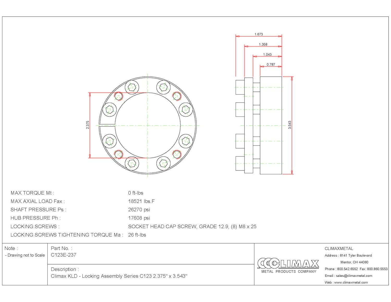 C123E-237 Series 123 Locking Assembly, Steel, 2.38" ID, 1.61" Width, 2-3/8" Shaft Diameter