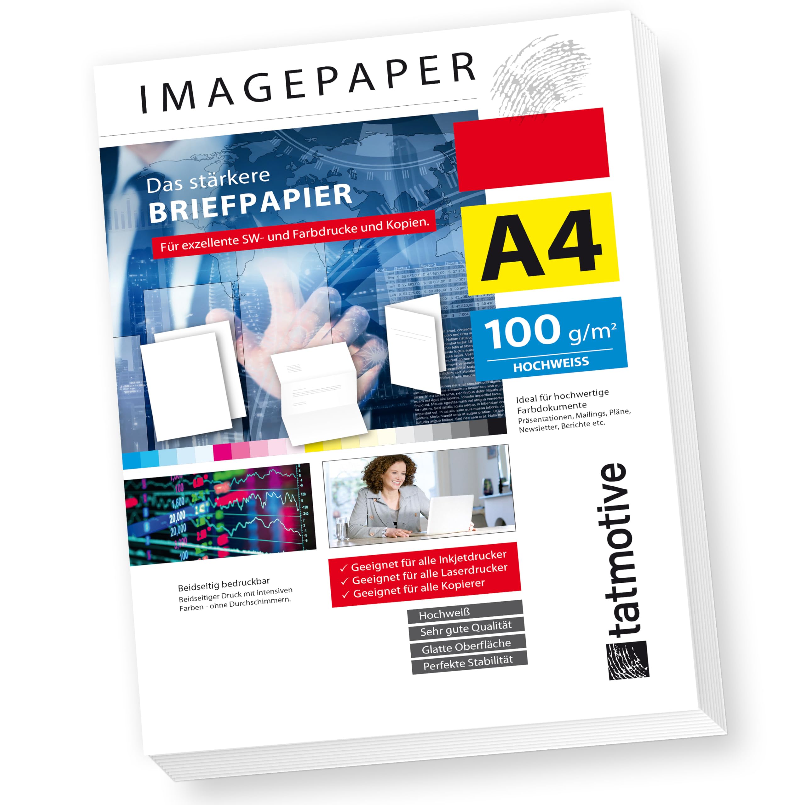 TATMOTIVE Imagepaper 100g/qm DIN A4, das stärkere Briefpapier, brillante Drucke für alle Drucker, 1000 Blatt Kopierpapier Druckerpapier weiß