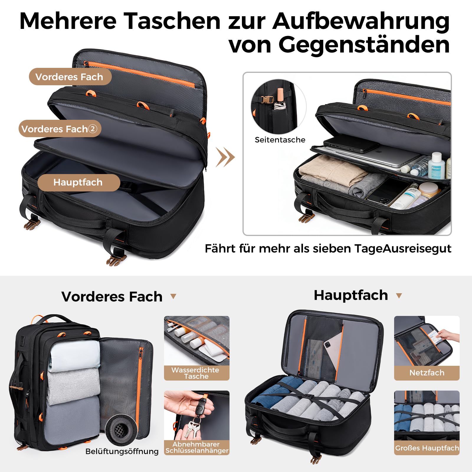 Fenree.geer Reiserucksack, Handgepäck Rucksack, Laptop Rucksack für 18.4 Zoll, Erweiterbar 49 L auf 59 L, Travel Backpack Damen & Herren für Flugreisen, Business, Weekender-Schwarz