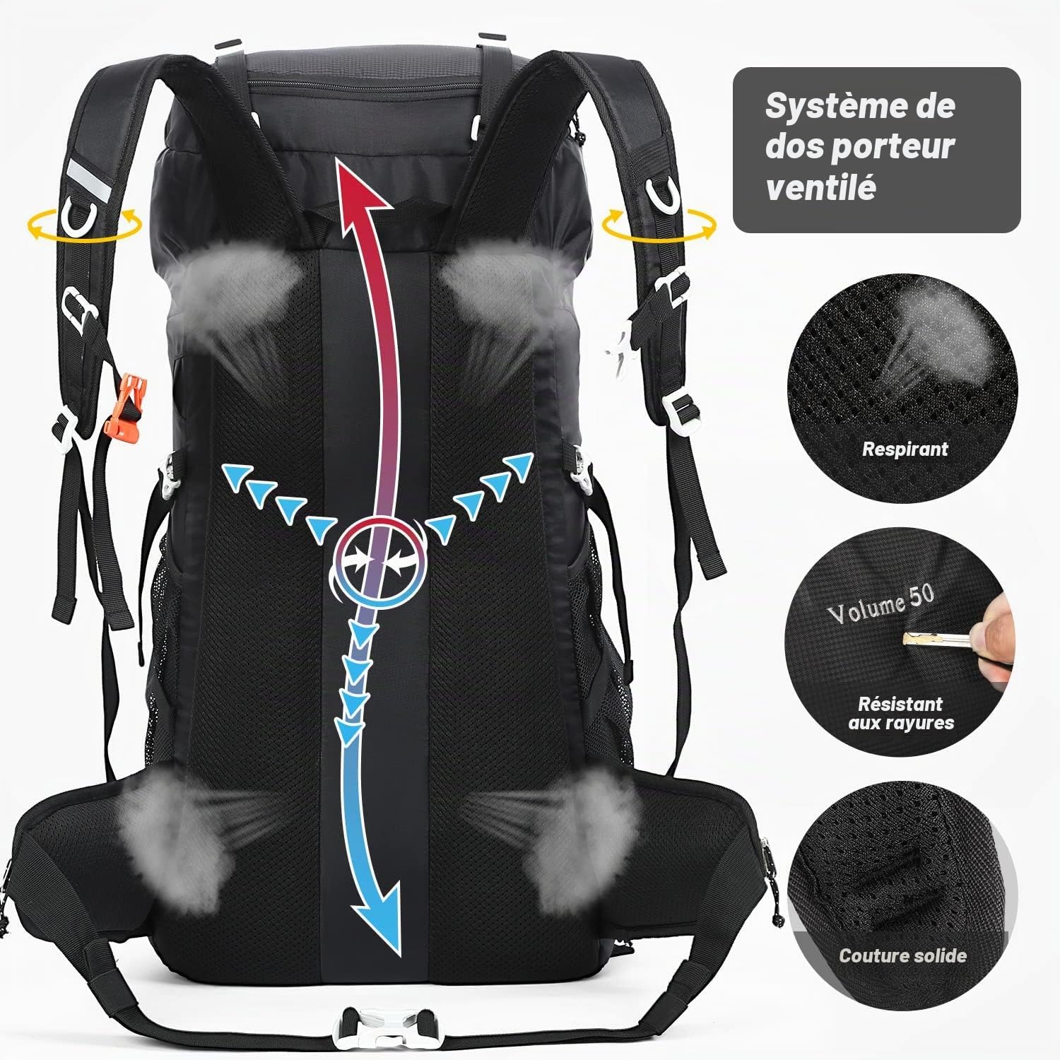 HOMIEE Sac à Dos de Randonnée 50-60L, Sac de Trekking avec Housse de Pluie, Sac à Dos Grande Capacité Multifonction pour Alpinisme Escalade Trekking Sport Voyage Camping