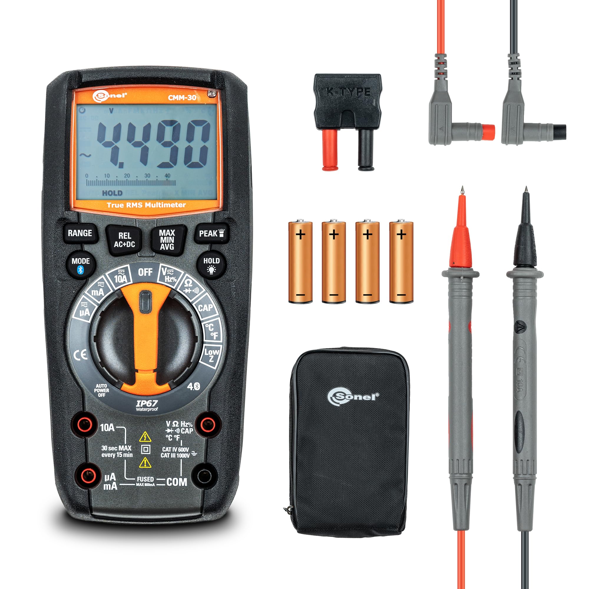 SONEL Multímetro digital industrial, Probador eléctrico, Capacidad/Corriente AC/DC/Voltaje AC/DC/Low Z/Ciclo de trabajo/Resistencia/función PEAK/Frecuencia/función REL (CMM-30)