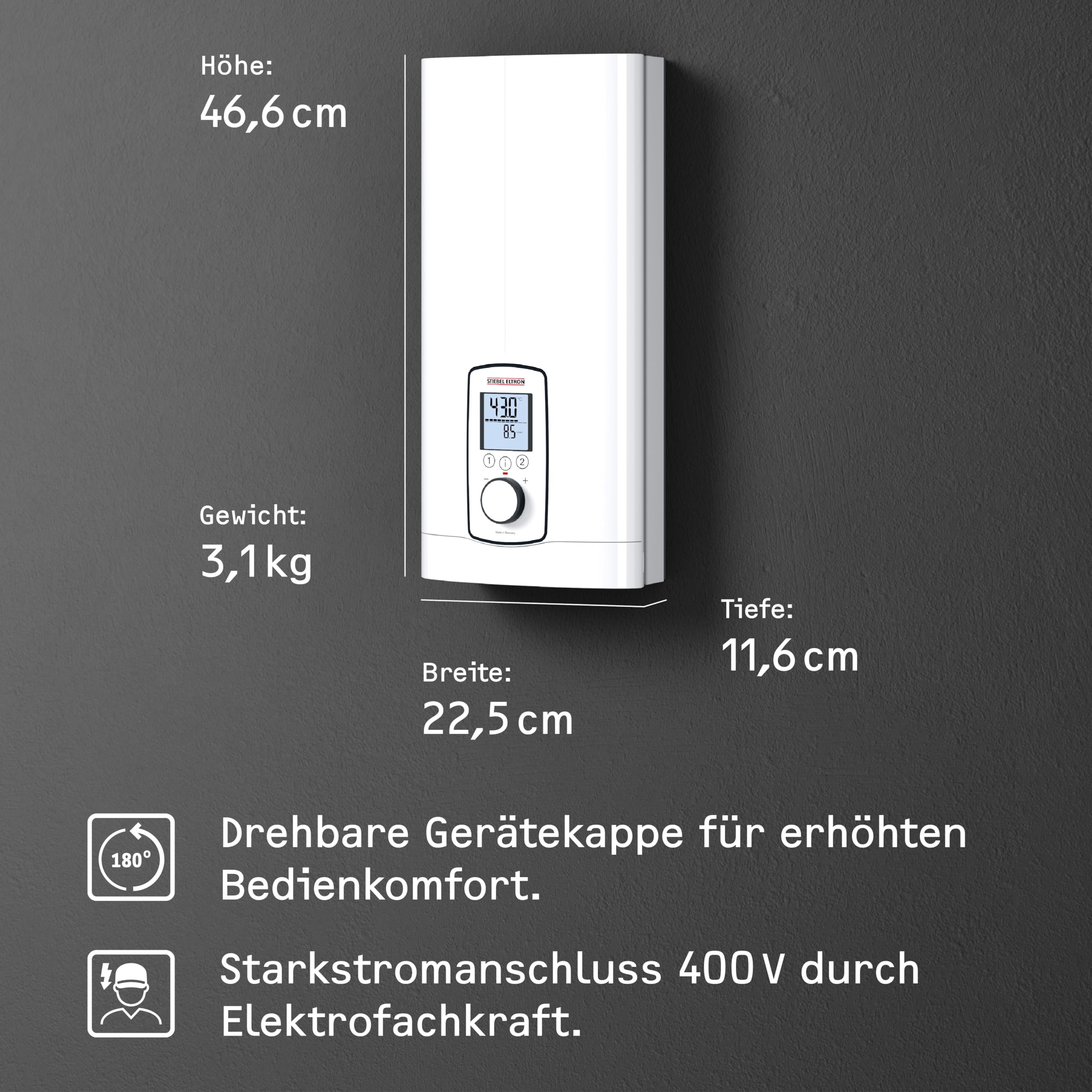 STIEBEL ELTRON Vollelektronischer Durchlauferhitzer DHE 18/21/24 kW, immer gradgenaue Wunschtemperatur, ECO-Modus, Multifunktionsdisplay, 2 Memory Tasten, Wellness-Programme, 202656
