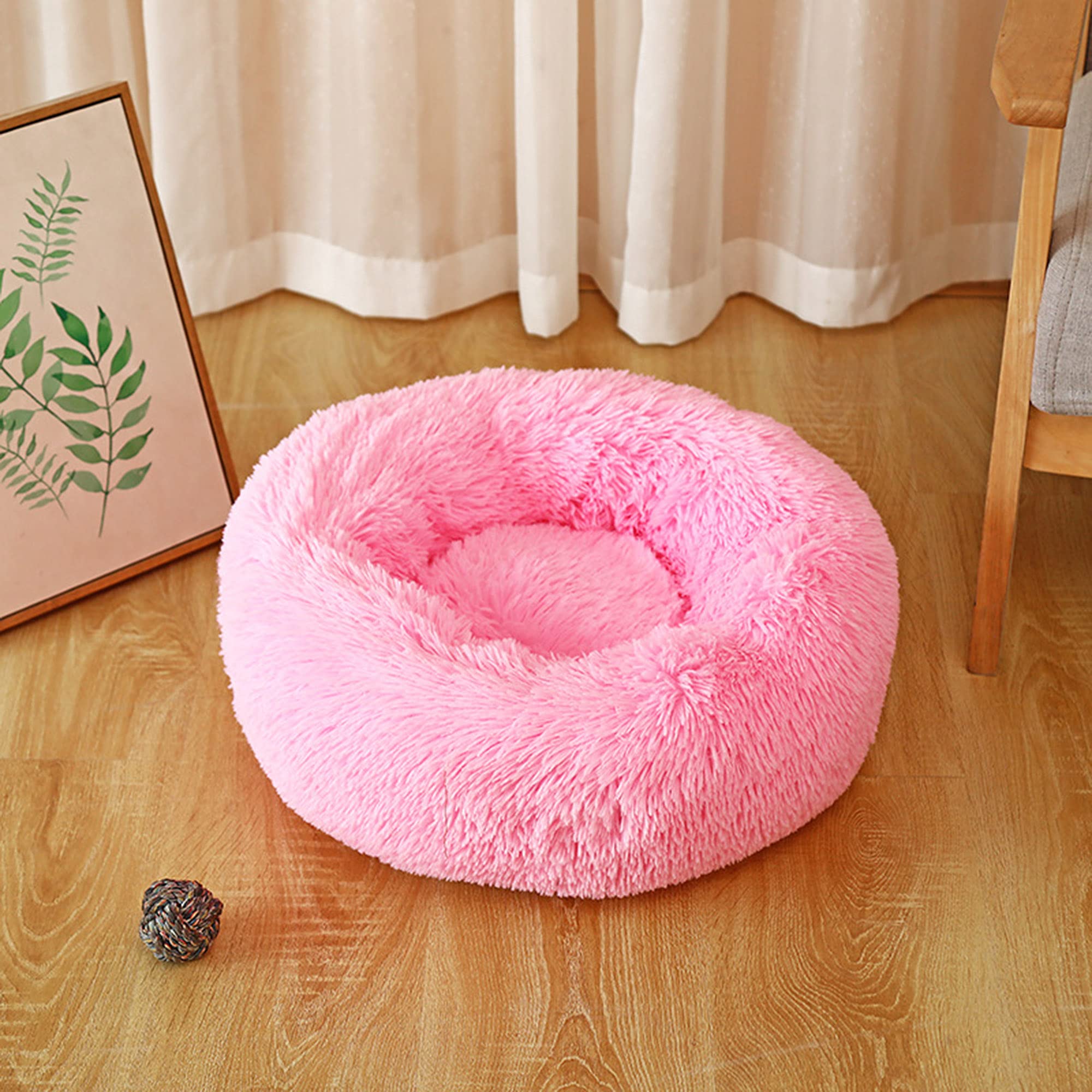 Washable Round Plush Cat Dog Bed, Fluffy Plush Cuddler Calming Dog Bed Kennel, Anti-Slip Bottom Pet Bed Super Puppy Cushion Mat for Warm Sleeping,Pink,40cm