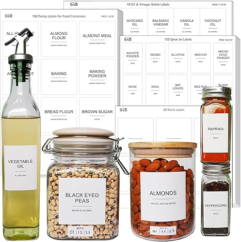 403 etiquetas de despensa de cocina para contenedores de alimentos, 3 tamaños preimpresas minimalistas impermeables, con etiquetas para botellas de