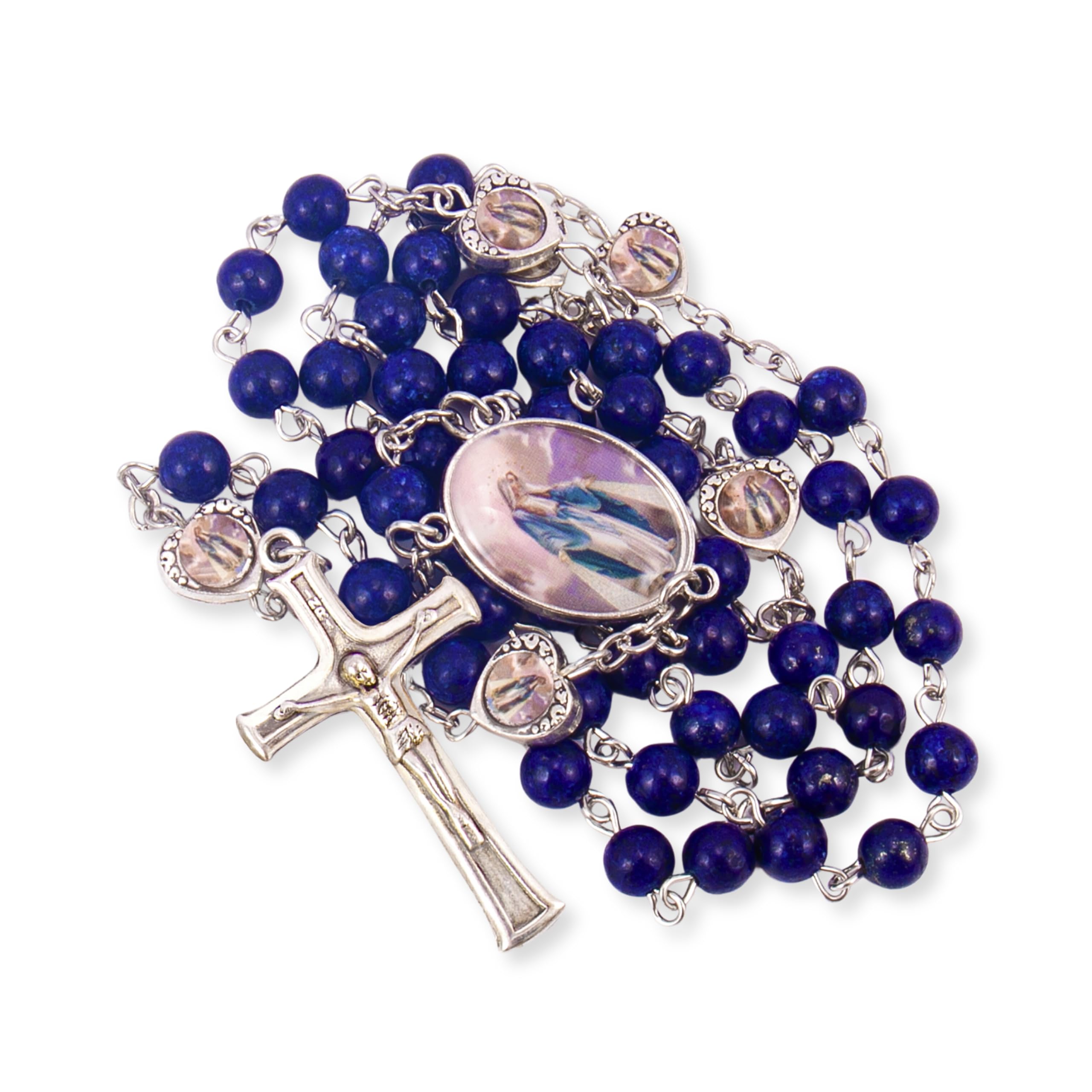 Nazareth Store Natural Stone Beads with Miraculous Epoxy Heart Metal Beads Rosary Necklace Gemstone Christian Gifts