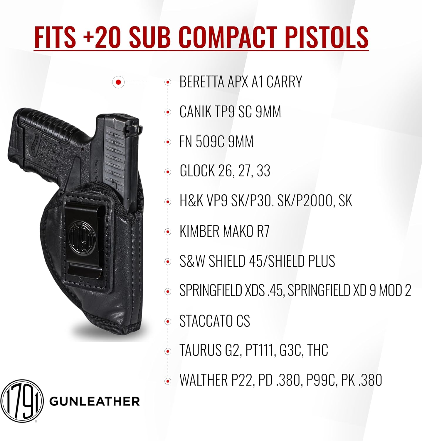 1791 EcoCarry Gun Holster - IWB Holster fits Glock 26, Taurus G3C, Beretta APX A1 Carry, FN 590 Compact, Springfield XD Mod 2 and Similar Sub Compact Pistols