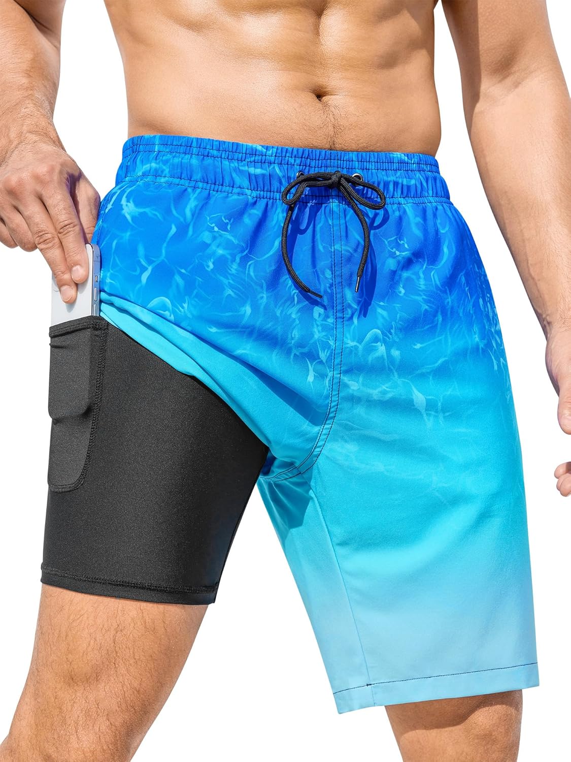 SILKWORLD Mens Swimming Trunks with Compression Liner 2 in 1 Quick-Dry 9" Swim Shorts with Zipper Pockets
