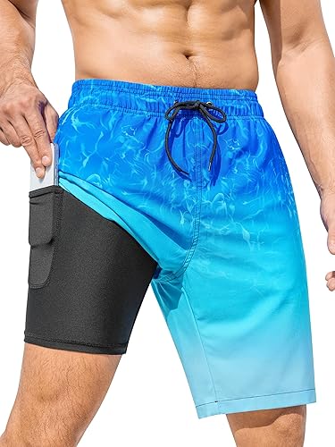 SILKWORLD Mens Swimming Trunks with Compression Liner 2 in 1 Quick-Dry 9" Swim Shorts with Zipper Pockets