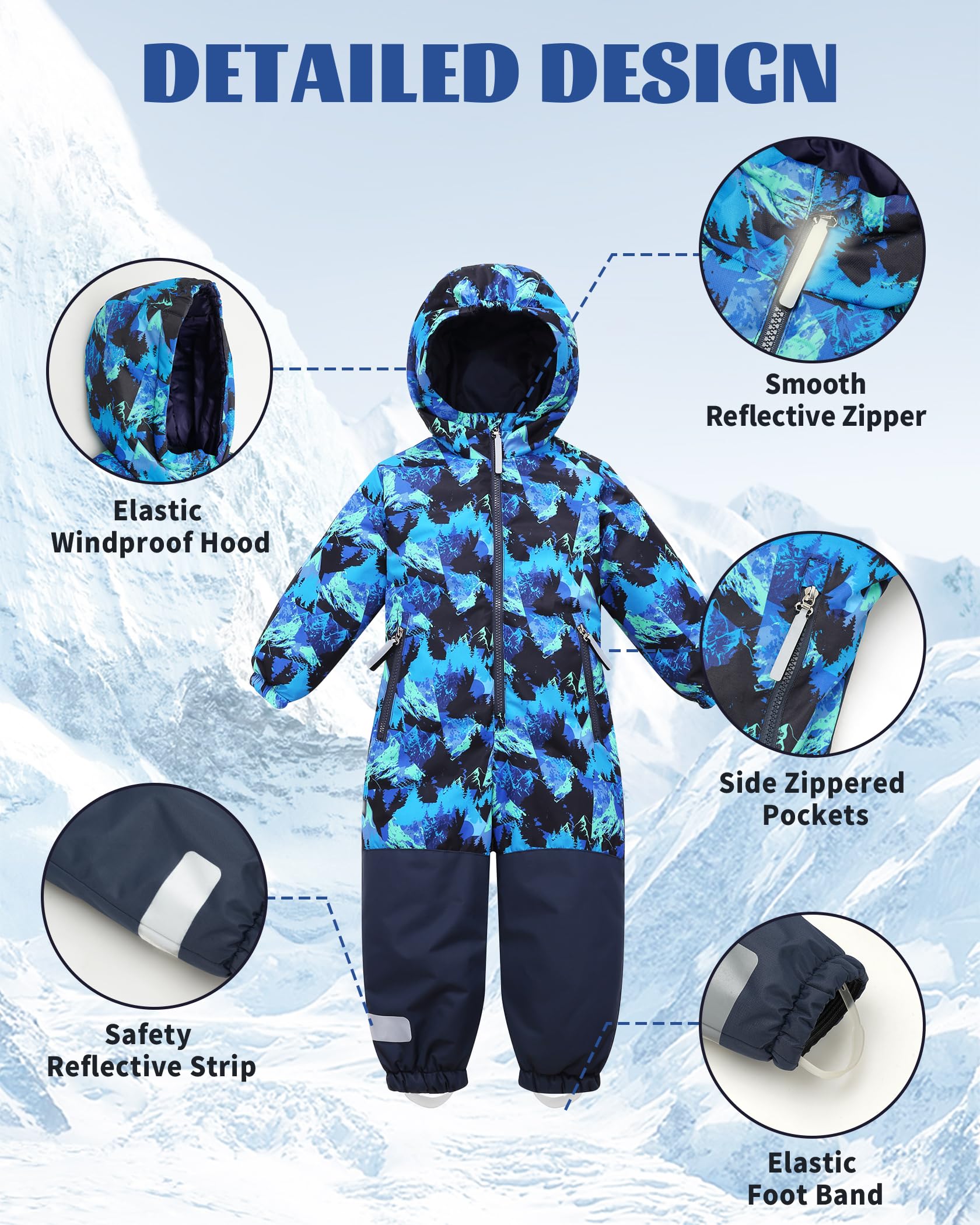 Owntop Schneeanzug Kinder Unisex, Schneeoverall Mädchen Jungen, Winddicht Wasserdicht Skianzug mit Kapuze Reißverschluss 98-122