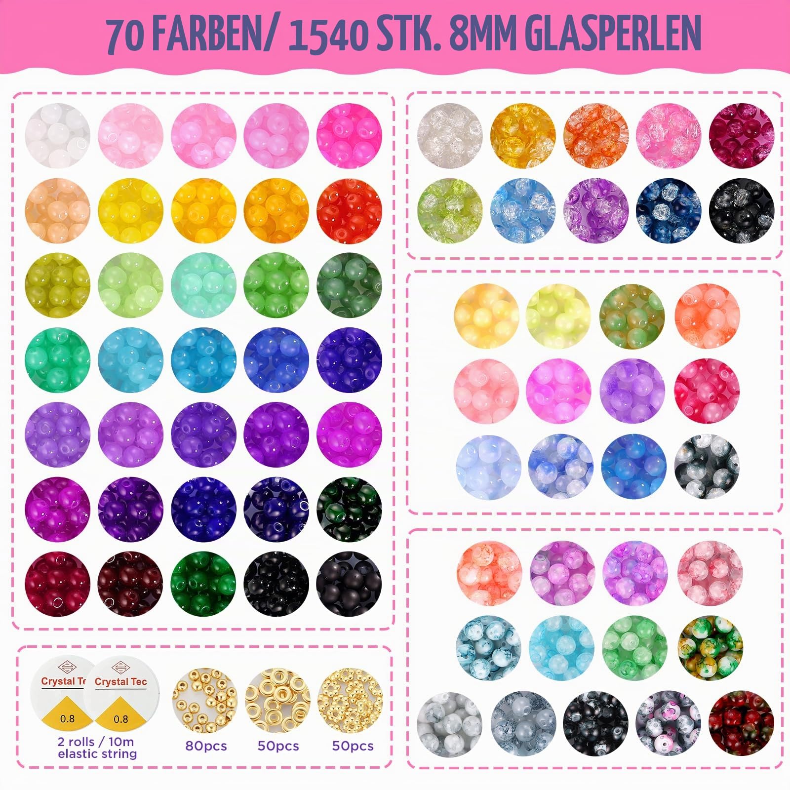 Funtopia 70 Farben Perlen für Armbänder, 8mm 1540 Stück Glasperlen zum Auffädeln Perlen Set, Runde Edelsteine Perlen Schmuck Selber Machen, Basteln für Erwachsene Kinder