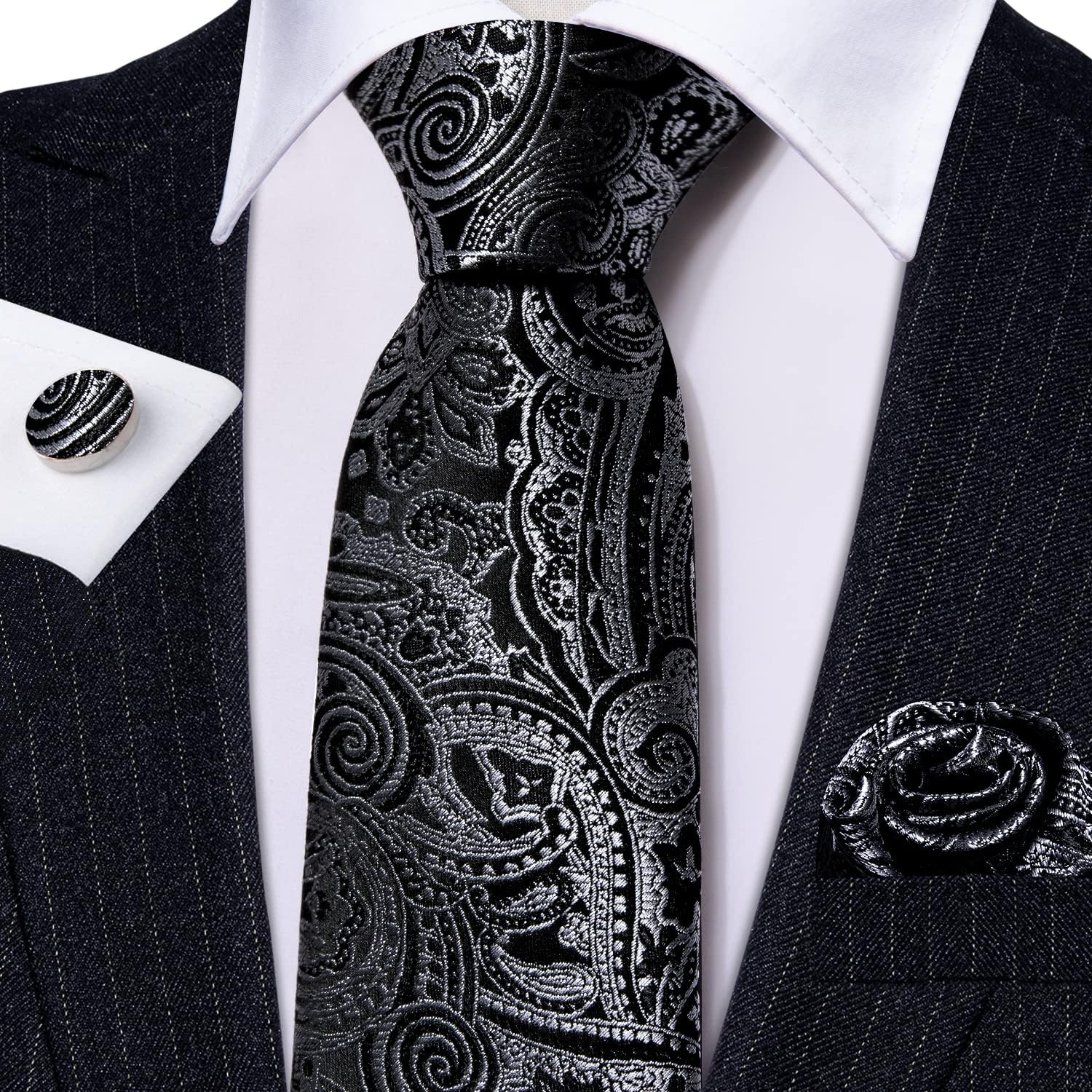 Barry.Wang Ties for Men Paisley Silk Neckties Woven Floral Tie Sets Pocket Square Hanky Cufflinks Business Wedding